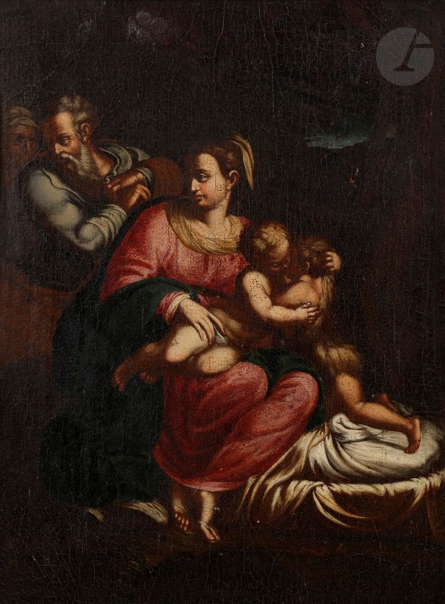 École ITALIENNE du XVIIe siècle
La Sainte Famille avec saint Jean Baptiste et sainte Elisabeth
Toile
40 x 31 cm