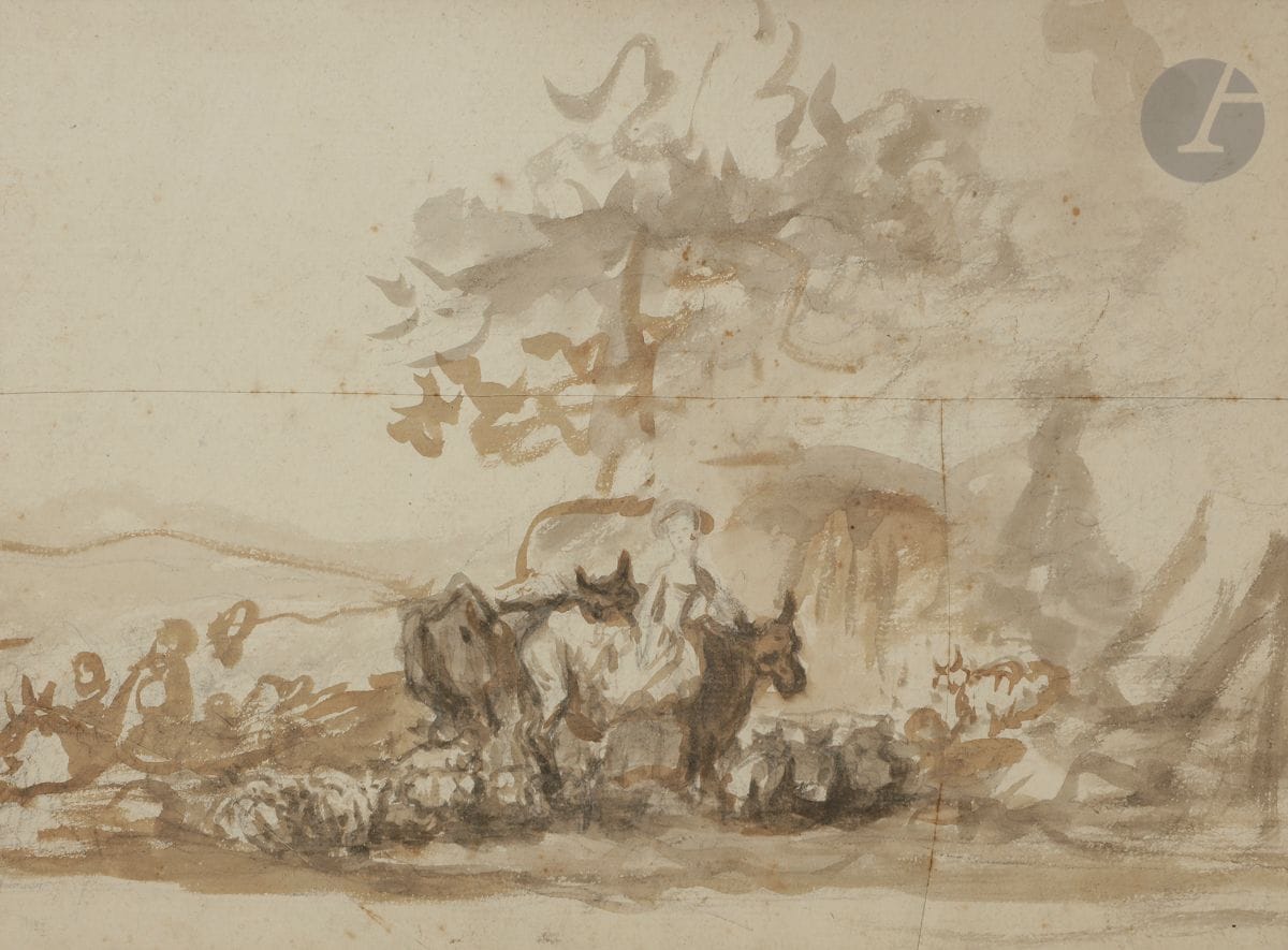 Dans le goût de FRAGONARD (GRASSE 1732 - PARIS 1806)
Paysanne et son troupeau
Lavis brun et lavis gris sur traits de crayon noir. 
Sur trois feuilles jointes.
18,5 x 25,5 cm
