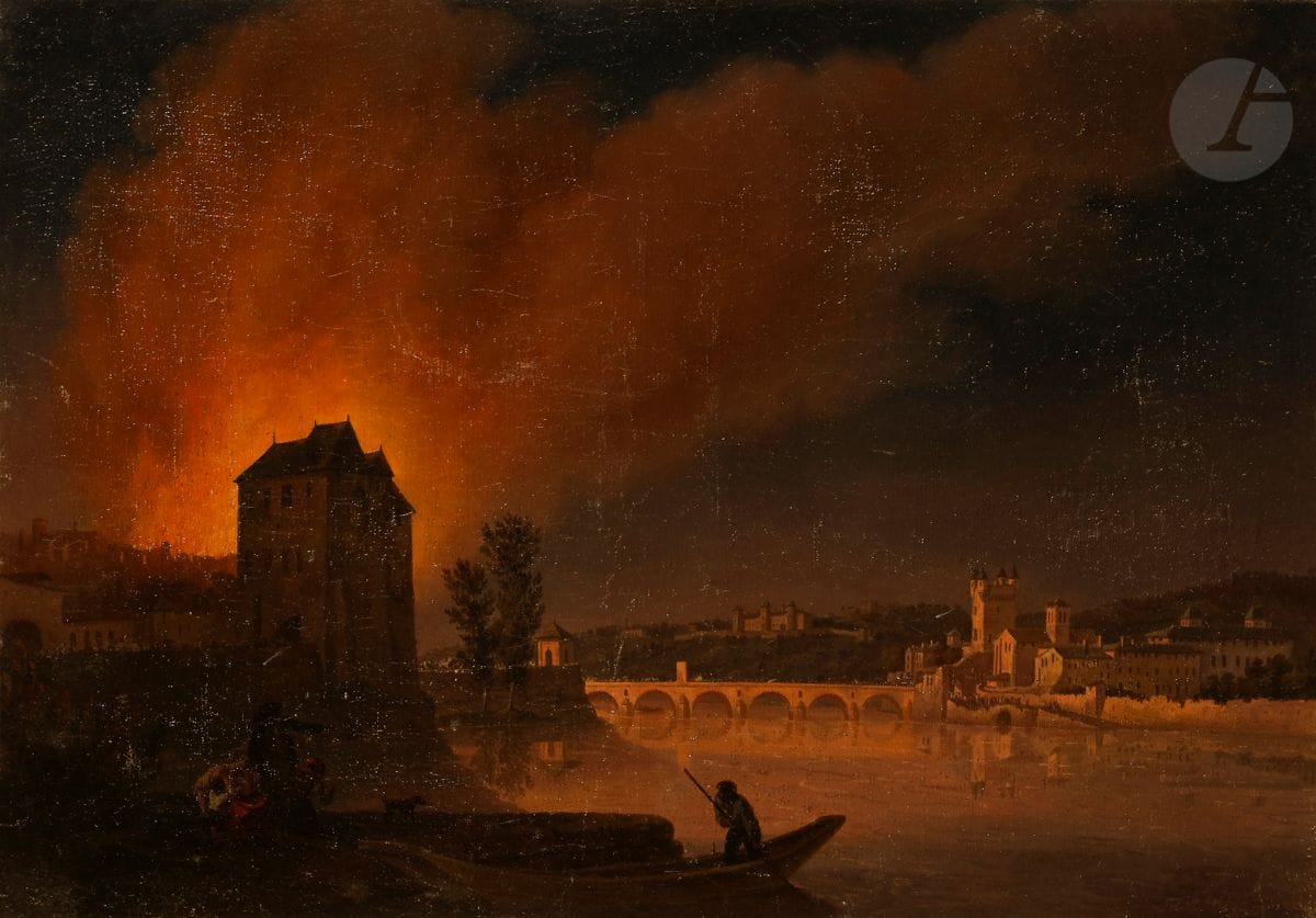 Attribué à Henri d’ARLES (1734-1784)
Incendie vue de la vallée du Rhone
Toile transposée
Sans cadre
28 x 40 cm