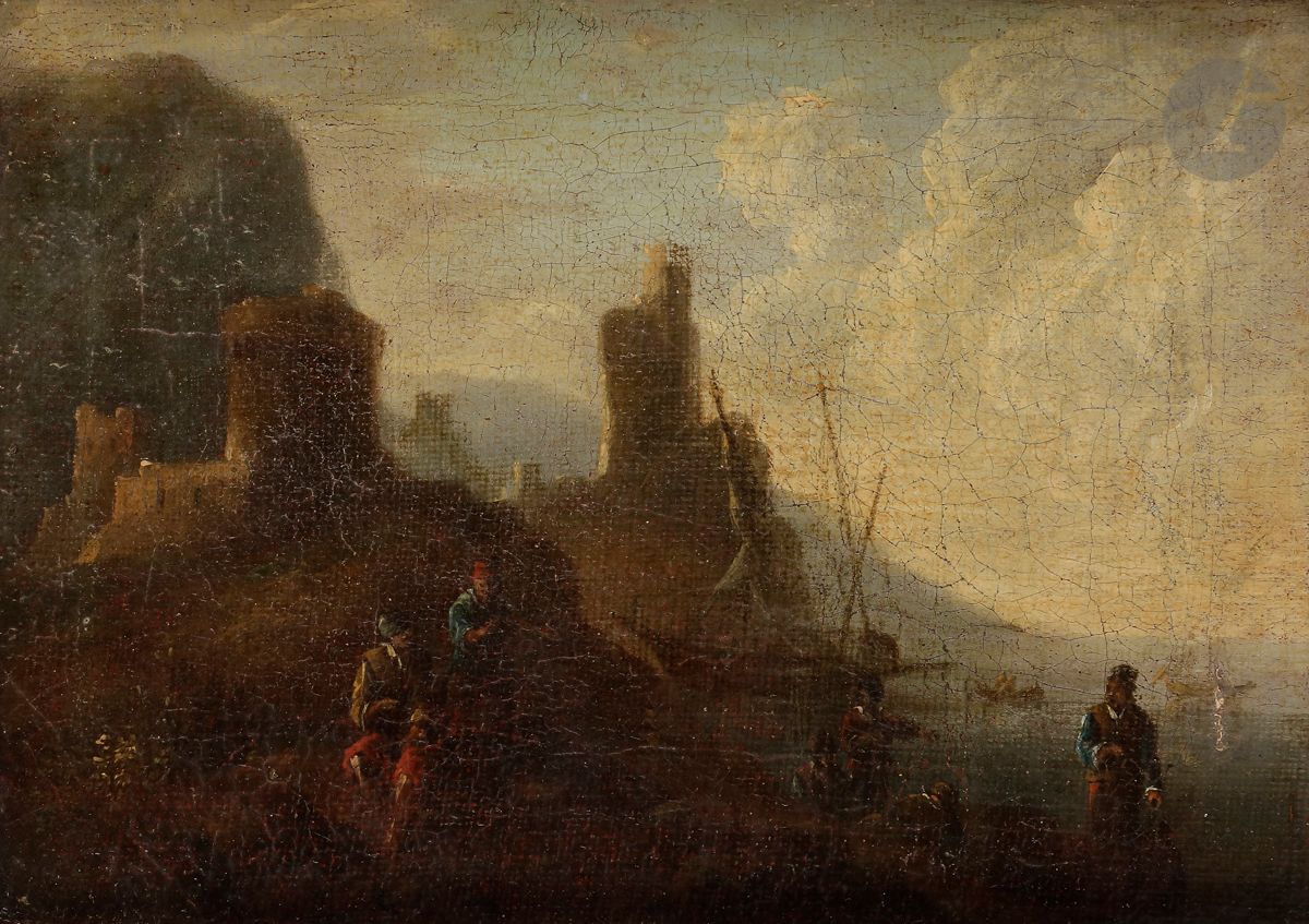 École ITALIENNE du XVIIIe siècle
Pêcheurs au port
Toile
16 x 22 cm
(Usures et restaurations)