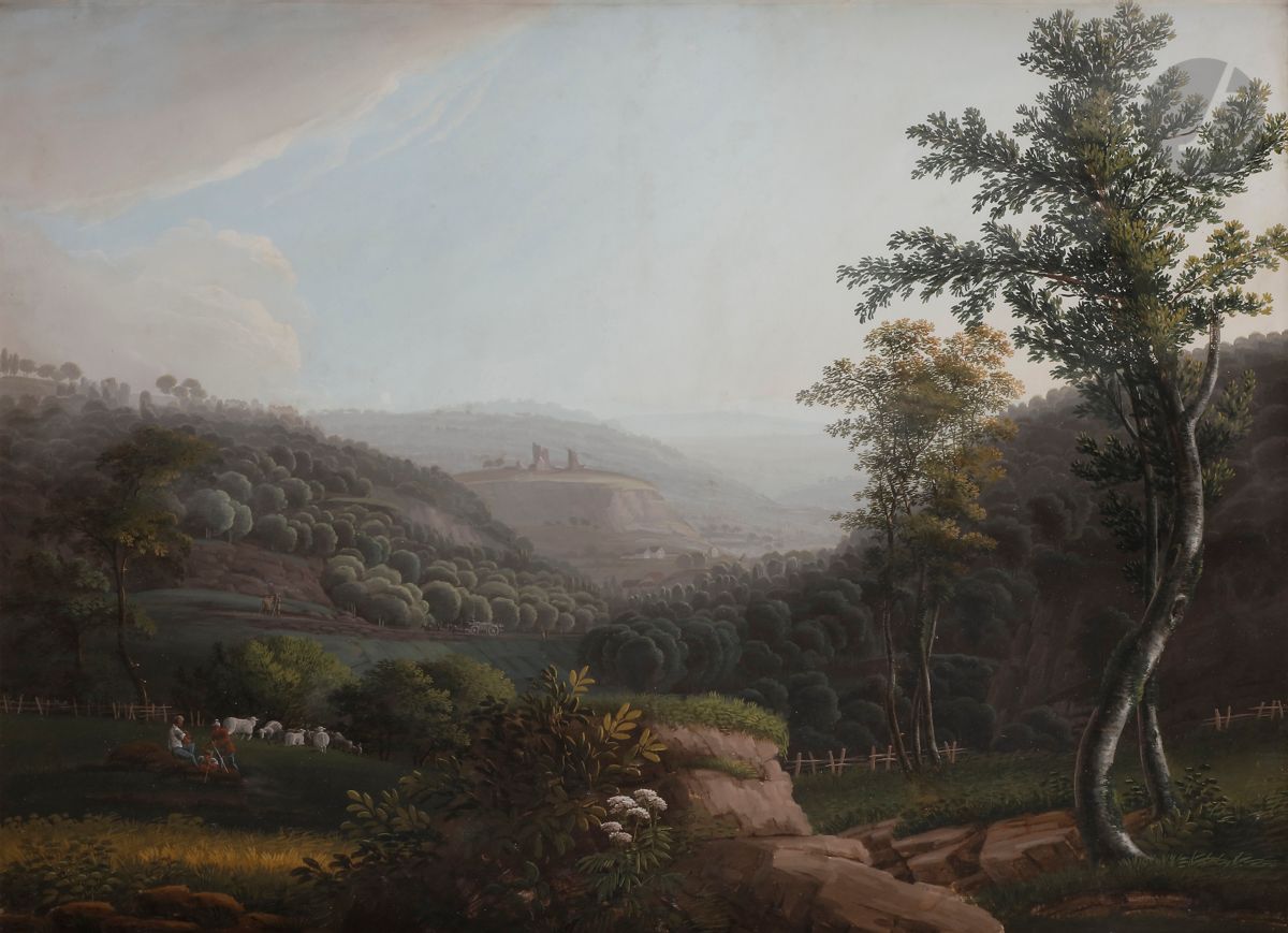 Jean-Baptiste PICHOT (actif en Suisse à la fin du XVIIIe et au début du XIXe siècle)
La traversée du pont devant un paysage de glaciers ; Bergers et leur troupeau dans un paysage vallonné ; Deux soldats et un marcheur sur une route dans un paysage de collines
Suite de trois gouaches
Signée en bas à gauche pour ‘La traversée du pont devant un paysage de glacier’ : Pichot
67 x 49 cm
(Restaurations anciennes)

Provenance :
Vente anonyme, Paris, 13 décembre 2010 (Artcurial), lot 68.