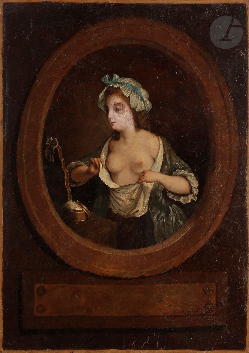 École FRANÇAISE DU XIXe siècle
Jeune femme à sa toilette, dans un médaillon surmontant un cartouche 
Toile
Signée en bas à droite M. Truck pinx.
38 x 28,5 cm.
(Usures et restaurations)