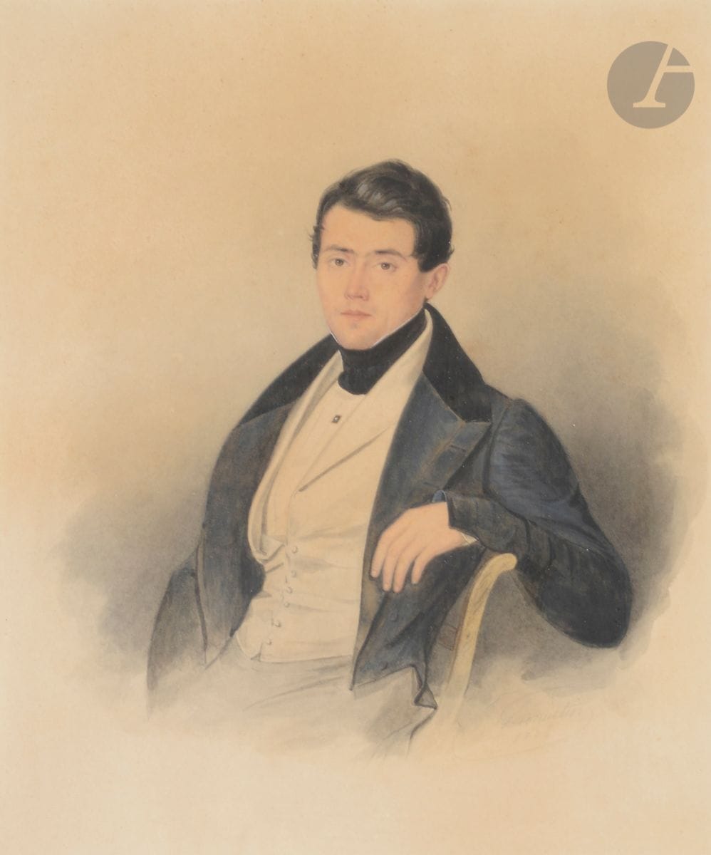 Antoine Claude PANNETIER (1772 - Paris, 1859)
Portrait de femme en robe blanche, assise ; portrait d’homme
Deux aquarelles gouachées sur traits de crayon noir en pendants
Signées et datées 1834 en bas à droite pour l’une, en bas à gauche pour l’autre
23 x 18 cm chaque