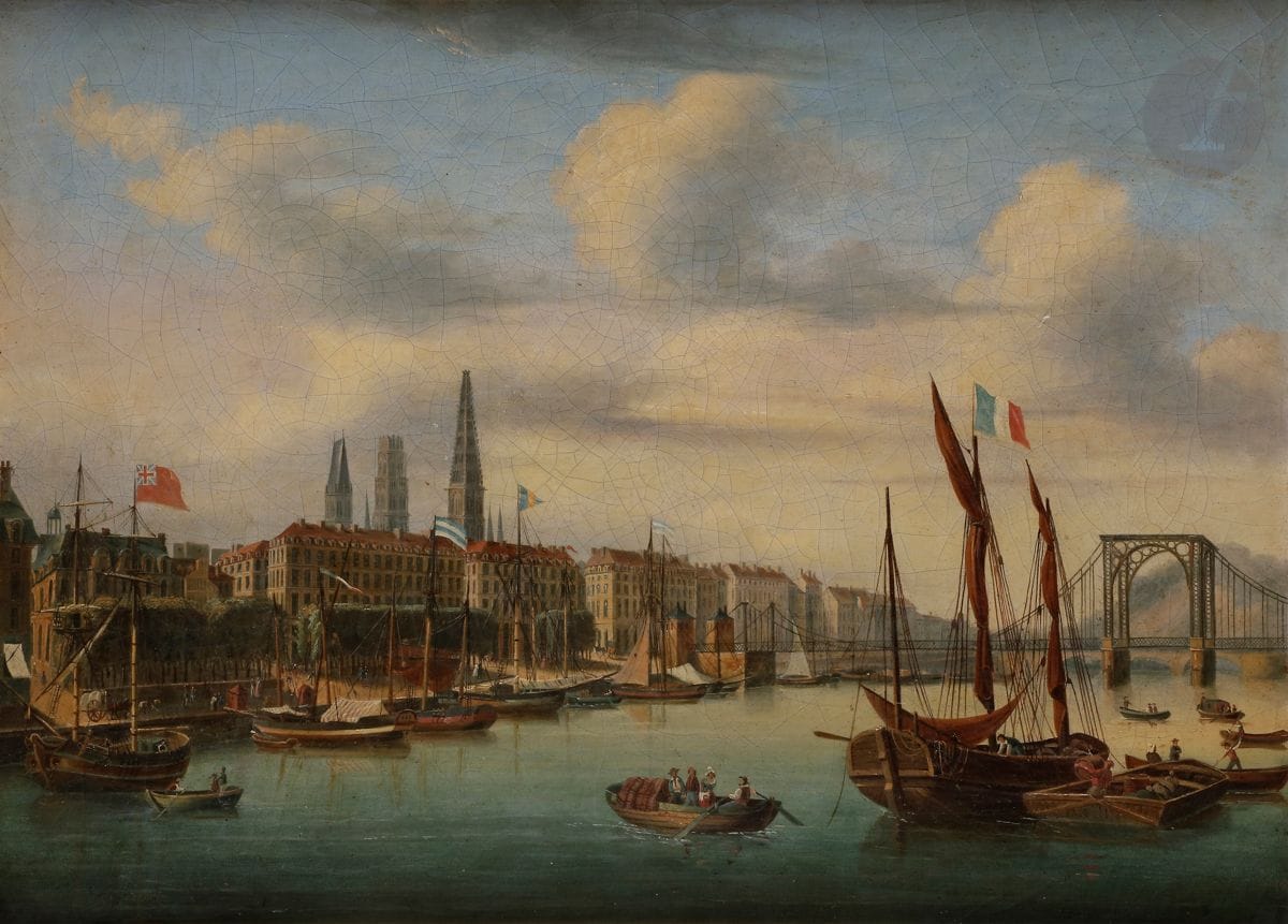 Attribué à Charles-Louis MOZIN (1806 - 1862)
Vue du port de Rouen
Toile
44 x 60 cm

Derrière la façade d’immeubles s’élève la flèche de la cathédrale de Rouen, en cours de construction (achevée en 1876). Le même pont de vue a été traité par Charles Louis Mozin en 1855 (voir le catalogue du musée des Beaux Arts de Rouen, Rouen, 994, p. 112, reproduit).