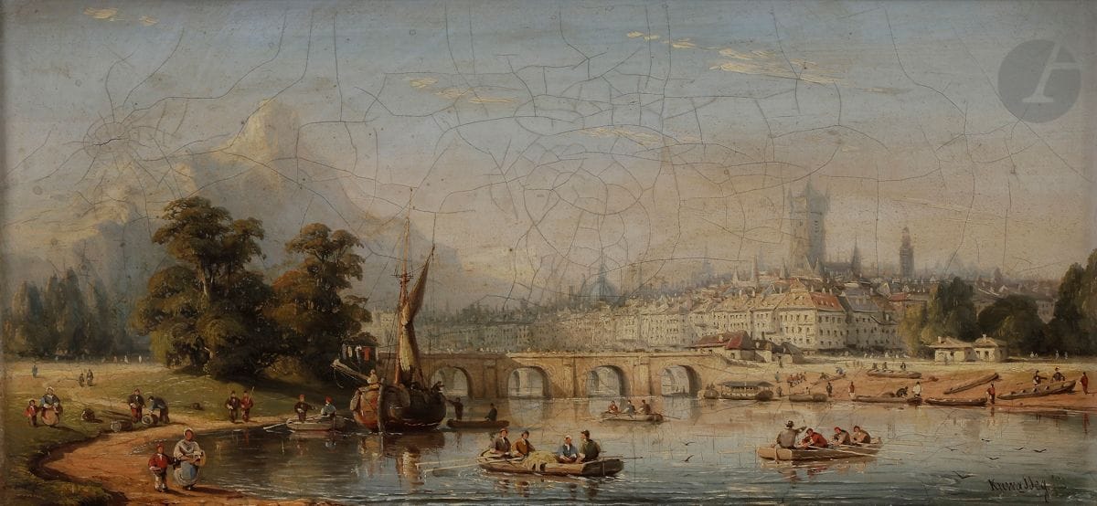 Charles Euphrasie KUWASSEG (Draveil 1838- Paris 1904)
Paysage de montagne avec barques et promeneurs près du pont
Toile signée d’origine
Signé en bas à droite Kuwasseg fils
22 x 45 cm