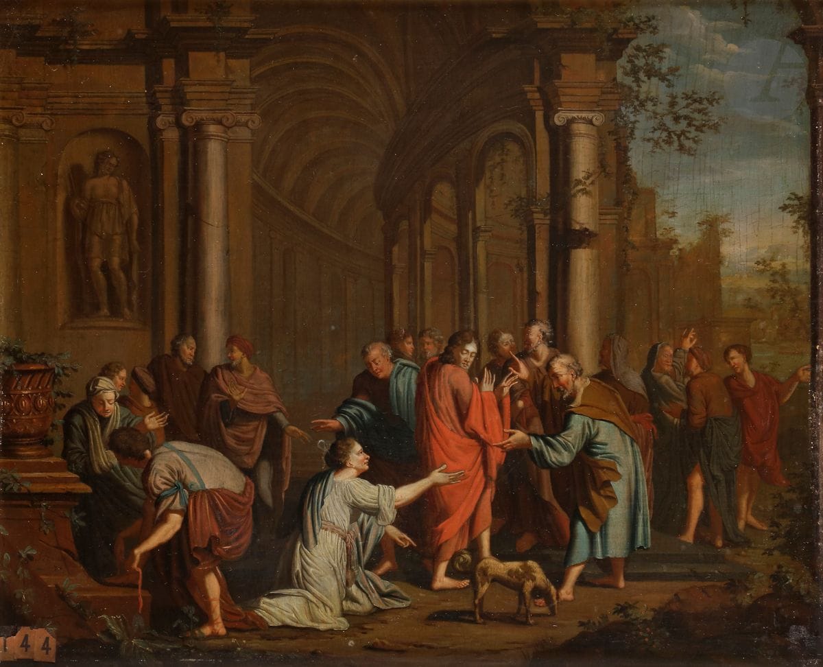 Jacques Joseph FRANSE (connu à Anvers en 1782)
La femme hémorragique
Panneau de chêne, une planche, non parqueté
Signé en bas à gauche J FRANSE / f.
27 x 33 cm