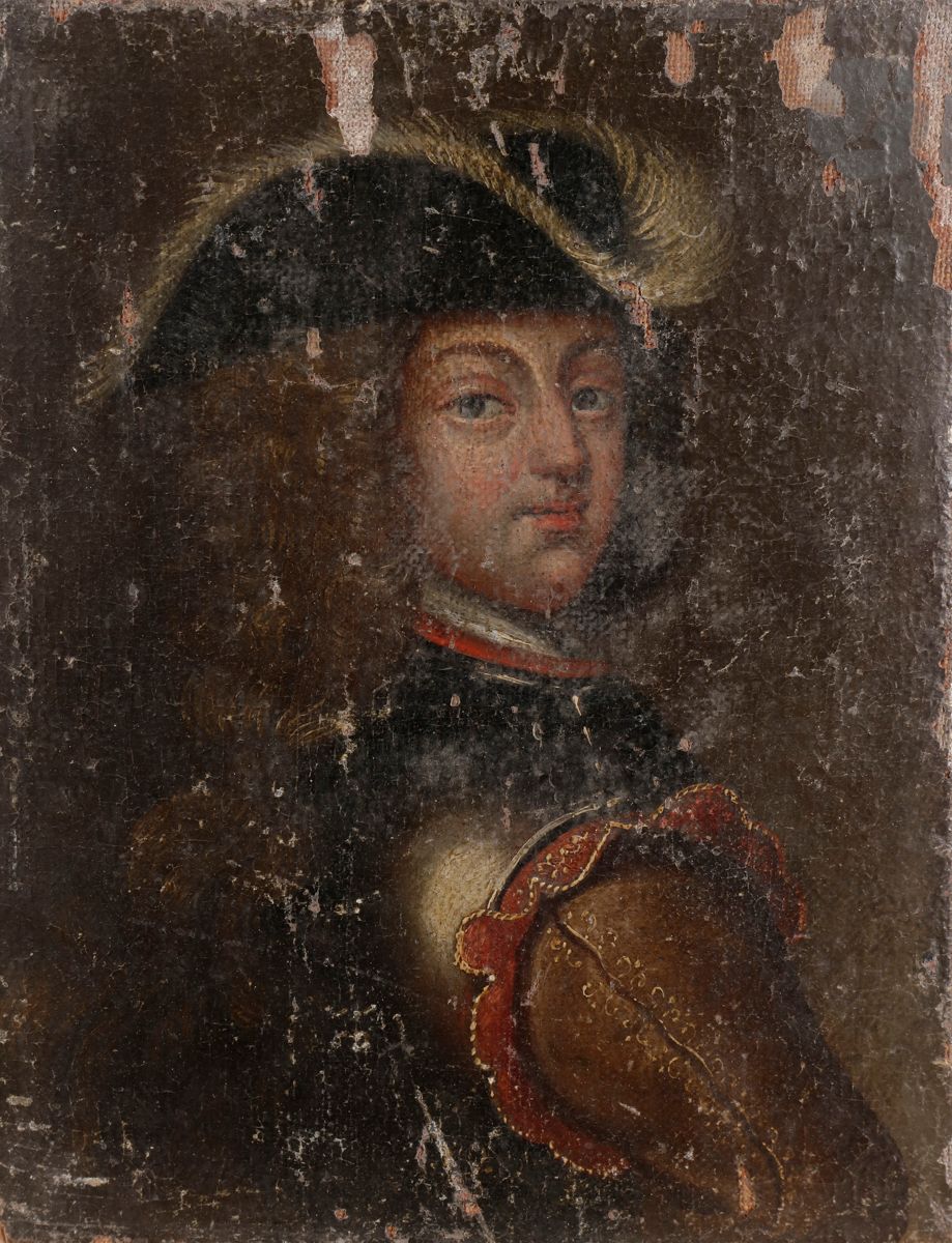 École FRANÇAISE de la fin du XVIIe siècle 
Portrait d’homme en armure 
Toile contrecollée sur panneau
19,5 x 15 cm
(Manques)