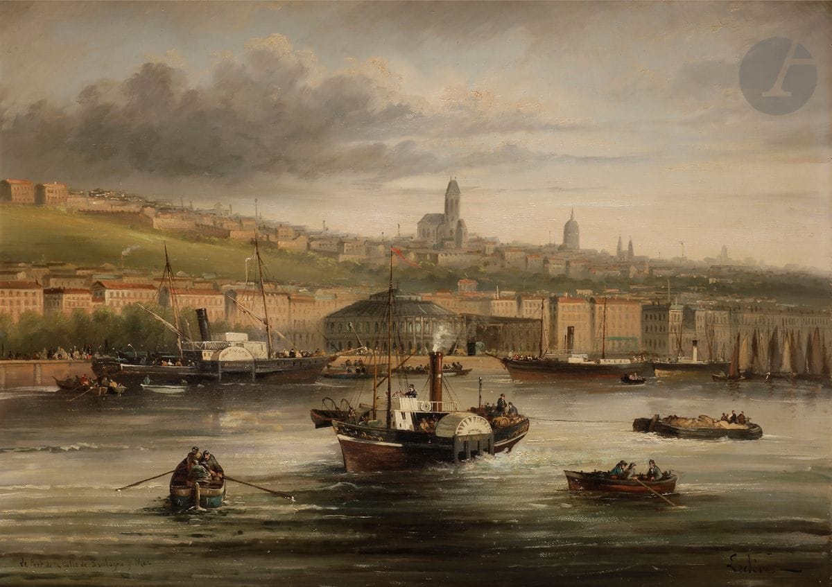 LECLERE (Actif vers 1850)
Le port de Boulogne-sur-Mer
Toile d’origine
Signée en bas à droite Leclere
Titrée en bas à gauche Le port de la ville de Boulogne s/. Mer
65 x 92 cm

 Grâce aux grands travaux commencés en 1829, le port de Boulogne-sur-Mer peut profiter du développement de la navigation à vapeur au milieu du XIXe siècle. Dans les années 1840 soixante mille voyageurs y embarquent ou débarquent chaque année et nombreux sont les Britanniques qui y résident. Un rempart délimite le périmètre de la ville haute, environ 430 maisons qui s’organisent autour de la coupole de la cathédrale achevée en 1854, un an avant la visite de la reine Victoria qui empruntera le chemin de fer à Boulogne-sur-Mer pour visiter l’Exposition Universelle à Paris. Dans la vallée de la Liane s’étend la ville basse, plus animée avec ses rues plus larges et ses maisons plus hautes. Les bains de mer s’y établissent en 1824, loin du quartier des pêcheurs que l’on aperçoit dans le fond du port, la pêche au hareng contribuant à la réputation de la ville.