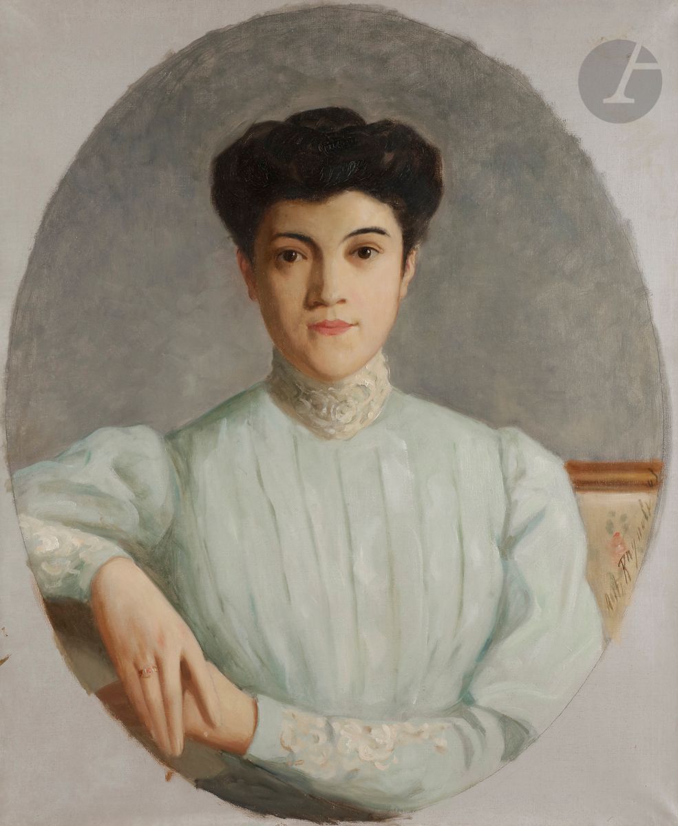 Antoine RAYNOLT (1874-?)
Portrait de femme en robe verte dans un ovale peint
Toile d’origine
Signée et datée en bas à droite Ant. Raynolt 03
Sans cadre
73 x 60 cm
(Accidents)