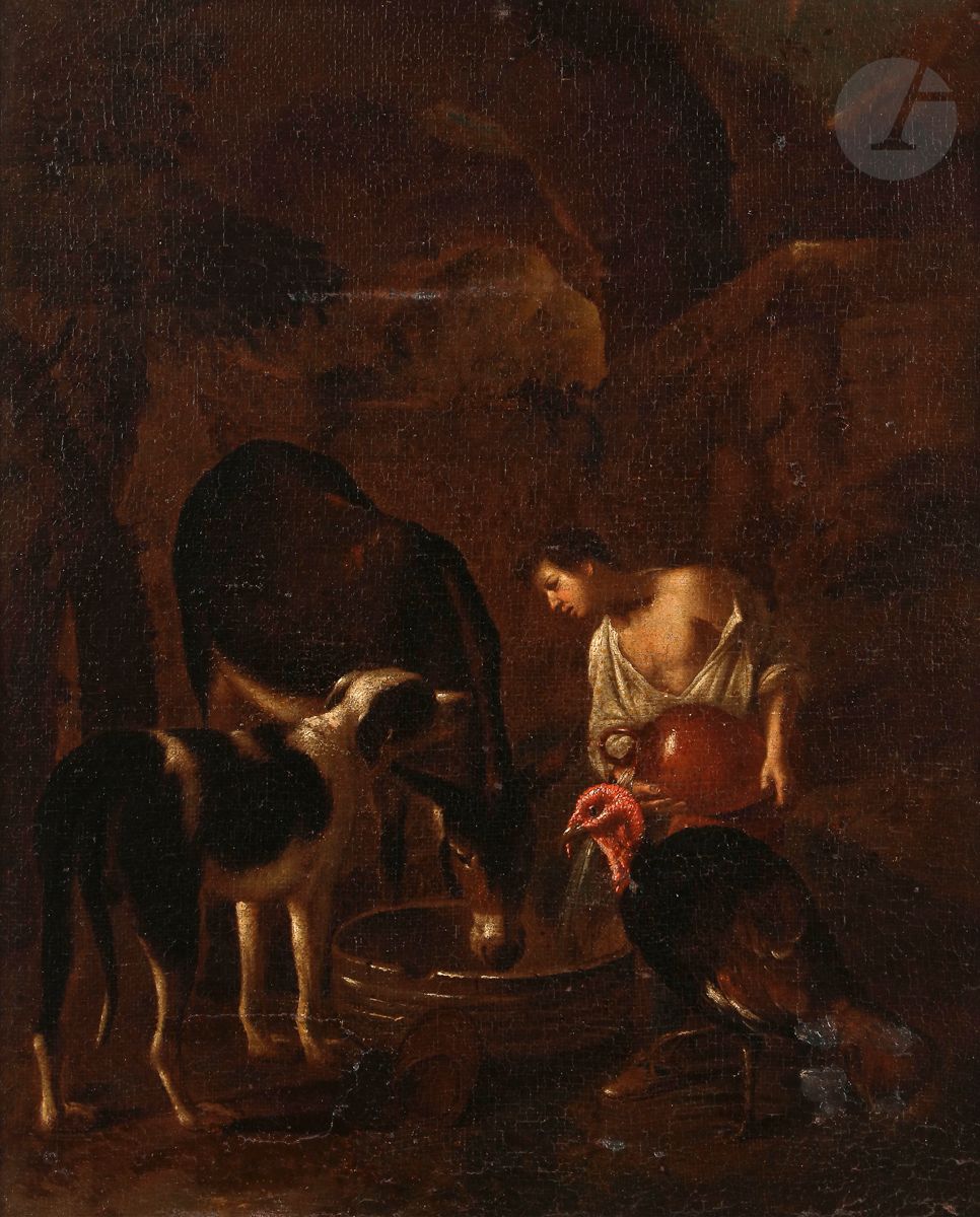 École ITALIENNE du XVIIe siècle
Jeune pâtre donnant à boire à son chien et son âne avec un dindon
Toile
51 x 42 cm
Inscriptions au revers du châssis « d’après un original de Castiglione / Murillo »
(Accidents et restaurations)