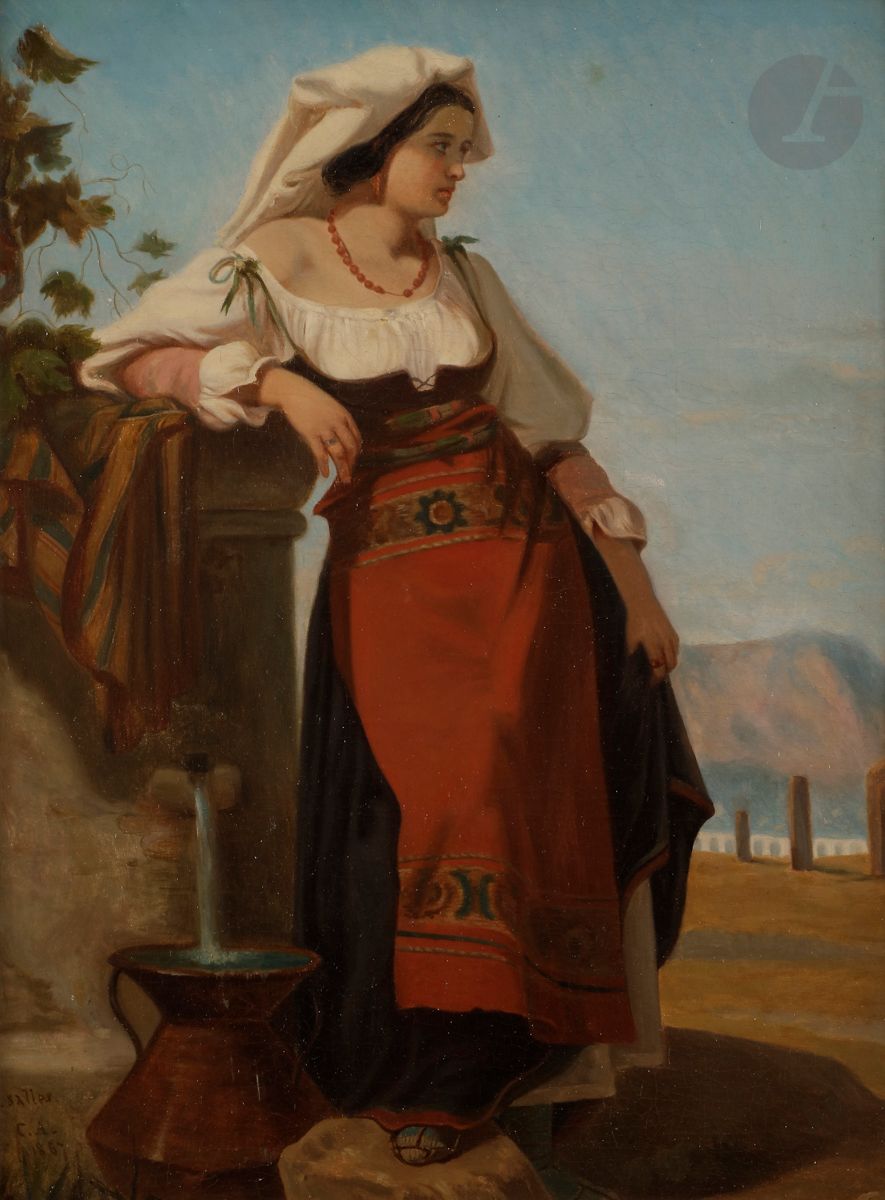 Jules SALLES (Nîmes 1814 - 1898)
Une italienne puisant de l’eau
Toile
Signée et datée en bas à gauche J. SALLES / C.A. / 18677
48 x 33 cm