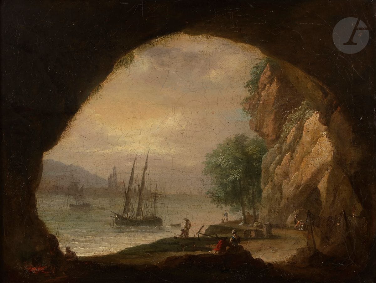 Attribué à Jean François HUE (1751 - 1823)
Navires vus d’une grotte
Toile
31 x 40 cm