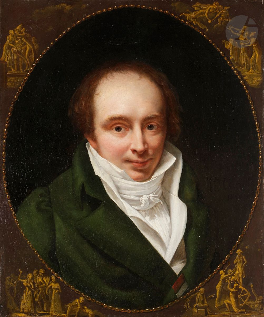 Pauline AUZOU (Paris 1775 - 1835)
Portrait du comédien Louis Benoit Picard (1769-1828)
Toile
Signée et datée à droite Pne. Auzou / 1806
Sans cadre
64 x 54 cm

Provenance : 
Vente Christie’s, New York, 26 octobre 1988, lot 97, repr.
 Les quatre scènes de théâtre qui entourent ici le portrait de Louis-Benoît Picard nous rappellent qu’il est surnommé « le petit Molière du XIXe siècle ». Né en 1769 à Paris, il se tourne très tôt vers les planches du théâtre, s’éloignant de ses études d’avocat. Tour à tour comédien, romancier, poète ou dramaturge, il est élu à l’Académie en 1807. Il prend alors la direction de l’Opéra de Paris, renommé « Académie impériale de musique » par Napoléon qui en fait un instrument de propagande. Celle-ci s’ajoute à la direction du Théâtre de l’Impératrice, théâtre de cour dédié aux opéras-bouffes en italien qu’il assure depuis 1806. Devenu le théâtre de l’Odéon, celui-ci restera sous sa direction jusqu’en 1821. Ayant connu l’Ancien Régime, la Révolution Française, la Ire République, l’Empire et la Restauration, Picard est une figure majeure de son temps, connu du milieu littéraire comme du grand public lorsqu’il décède en 1828. Charles Martin honore sa mémoire en 1883 en sculptant son portrait placé sur la façade de l’Hôtel de Ville de Paris. Pauline Auzou est une de ces femmes portraitistes proches de Jean-Baptiste Regnault. Elle fréquente probablement, comme Adèle Romany, l’atelier des femmes ouvert par Sophie Regnault, l’épouse du peintre et elle-même fondera un atelier pour femmes. Travaillant sur le vif, elle multiplie les études de nus ou de têtes et publie un recueil de ces dernières en 1800. On lui doit aussi près de trois cents planches pour le Journal des dames et des modes, réalisées entre 1807 et 1809. Au Salon de 1806, elle présente un Portrait de Monsieur Picard Aîné, ancien avocat et parlementaire, portrait en buste ovale qui lui permet d’obtenir une médaille d’honneur et qu’elle reprend en 1807 dans une plus grande composition, le Portrait de Monsieur Picard et sa famille (toile, 95 x 114 cm ; vente Me Rouillac, Cheverny, 10-11 juin 2012) où l’on voit Louis-Benoît alité entouré des siens et de ses écrits. Louis Picard a été aussi portraituré sur un fond de paysage par Lucile Foullon-Vachot en 1816 et présenté au Salon de 1817 (voir vente anonyme, Saint Cloud, Me Le Floch, 7 février 2021).