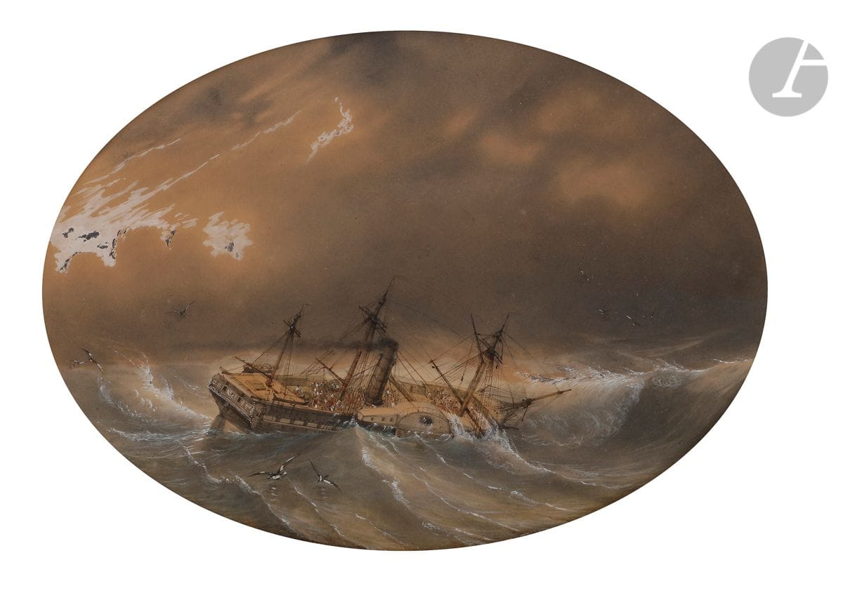 Louis LEBRETON (1818-1866)
Marine
Plume, encre noire, aquarelle et rehauts de gouache blanche
Signée et datée de 1846 en bas à gauche
Dans un ovale
32 x 42 cm
(Partiellement oxydée et légèrement insolée)