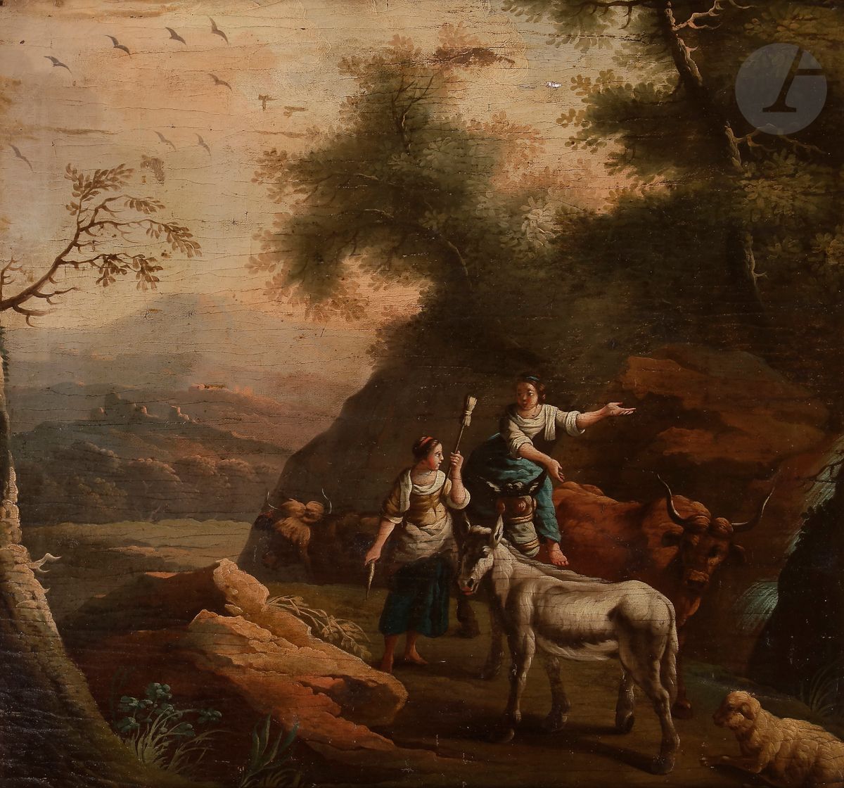 École FRANÇAISE de la fin du XVIIIe siècle
Bergères
Toile
57 x 60 cm
(Manques, restaurations, accidents)