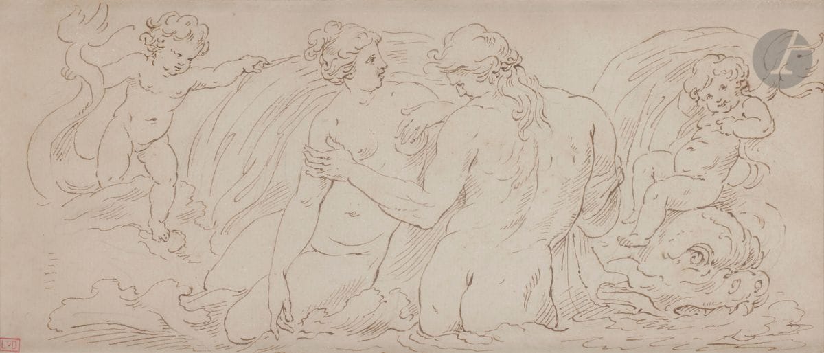 P. Van REYSSCHOTT (1738-1795)
Femme et Dieu Fleuve
Plume, encre brune sur traits de crayon noir
Cachet en bas à gauche
28 x 12,5 cm

Provenance :
Ancienne collection Deglatigny.