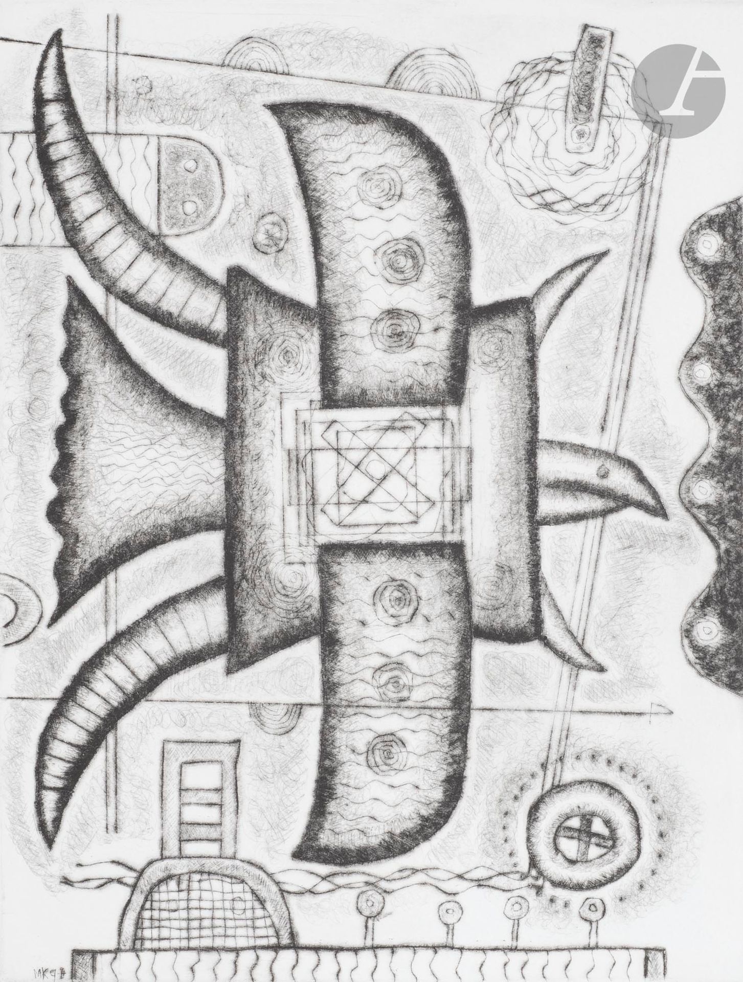 Manabu KOCHI (Japon-France, né en 1954)
Portrait de l'Oiseau-Qui-N'Existe-Pas 4, 1997
Pointe sèche.
Signée, datée et numérotée 29/80.
36 x 29 cm

Drypoint.
Signed, dated numbered and 29/80.

Bibliographie :
Kochi, Works, Gallery Okinawa, Tokyo, 1997, p. 68.

Provenance :
Don de l'artiste.
