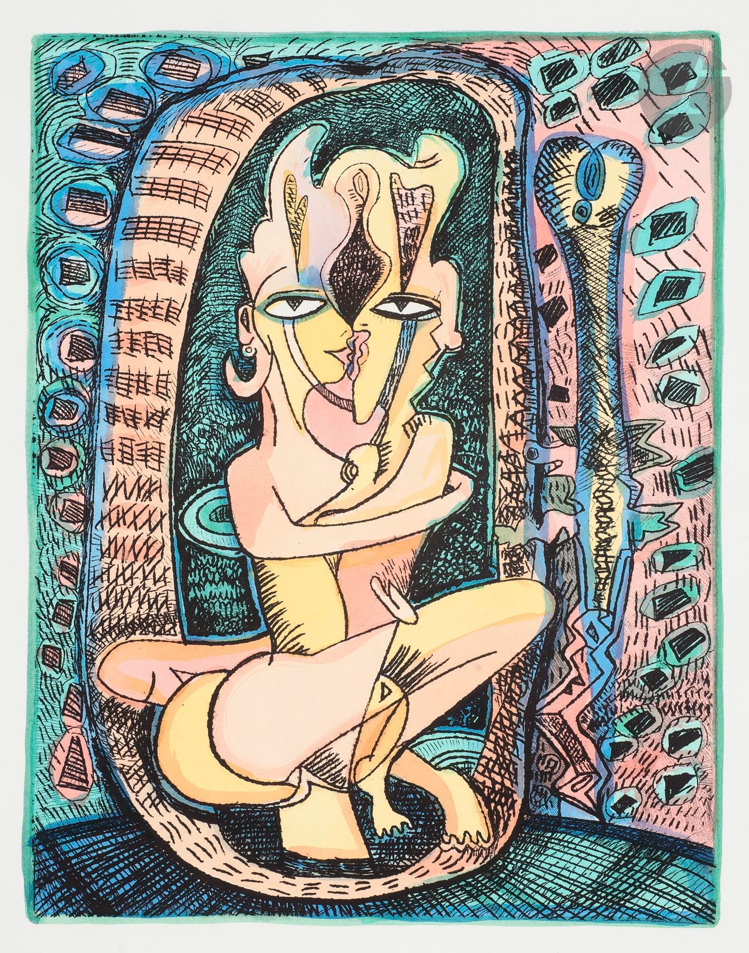 Mario MURUA (Chili - France, né en 1952)
Pareja, 2005
Eau-forte et aquarelle.
Signée, datée, titrée et numérotée 6/40.
40 x 30 cm

Etching and watercolour.
Signed, dated, titled and numbered 6/40.

Provenance :
Don de Claude et France Lemand.