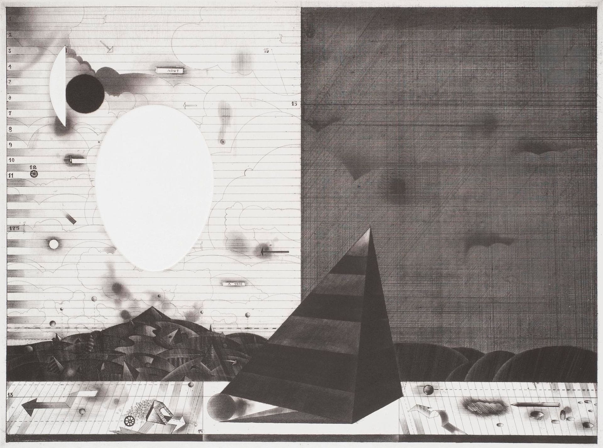 ASSADOUR (Liban-France, né en 1943)
L'ovale et la pyramide, 1976
Eau-forte et aquatinte.
Signée, datée, titrée et annotée EA.
50 x 65 cm

Etching and aquatint. 
Signed, dated, titled and annotated EA.

Provenance :
Don de l'artiste.