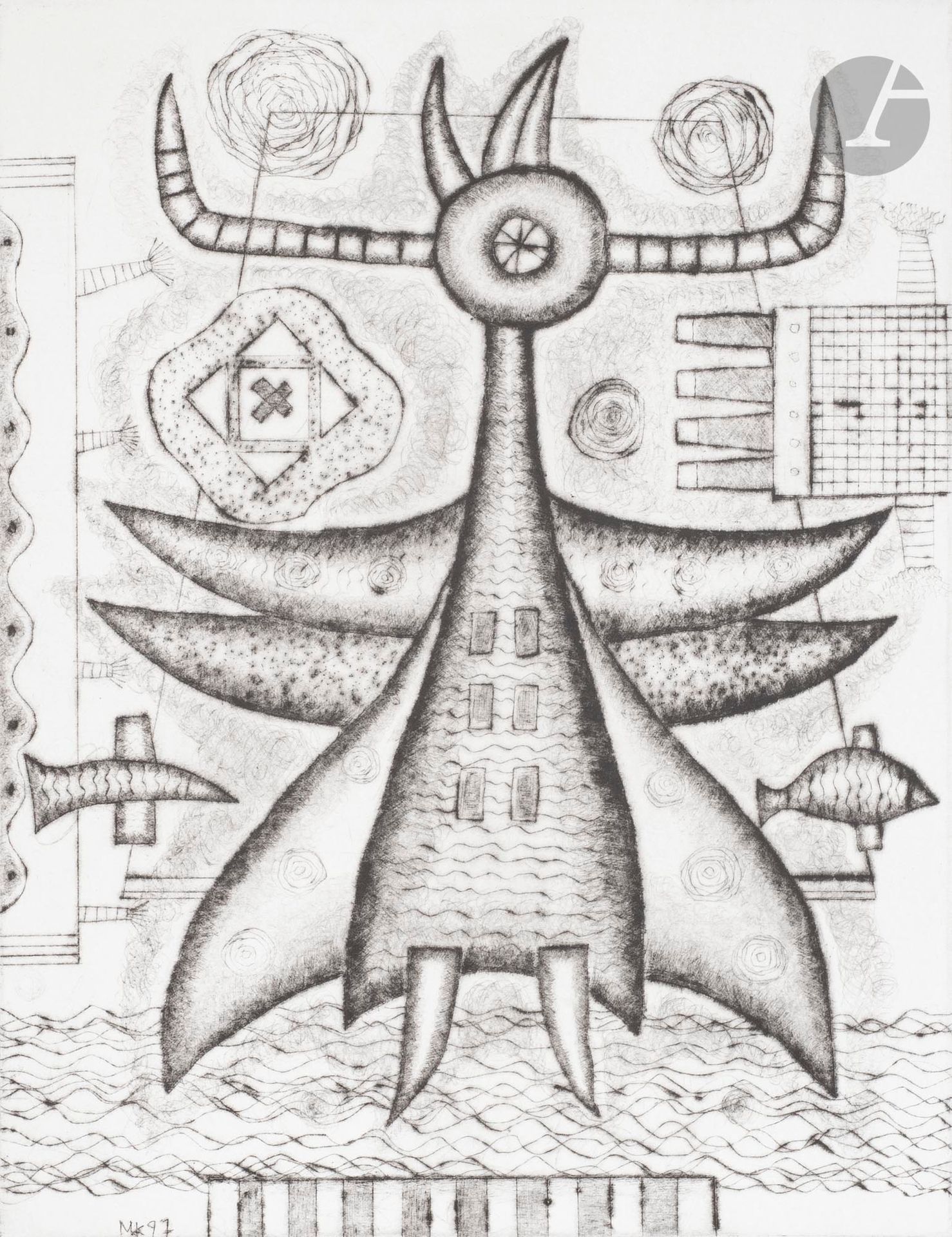 Manabu KOCHI (Japon-France, né en 1954)
Portrait de l'Oiseau-Qui-N'Existe-Pas 7, 1997
Pointe sèche.
Signée, datée et numérotée 29/80.
36 x 29 cm

Drypoint.
Signed, dated and numbered 29/80.

Bibliographie :
Kochi, Works, Gallery Okinawa, Tokyo, 1997, p. 70.

Provenance :
Don de l'artiste.