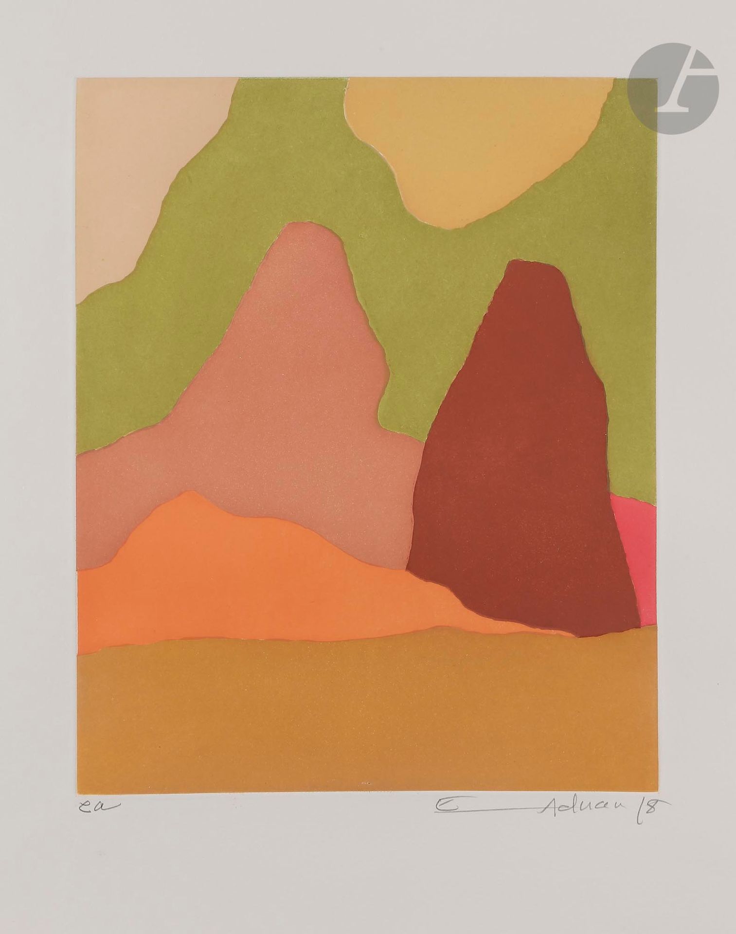 
Etel ADNAN (Liban - France, née en 1925)

Sans titre, 2018

Estampe.

Signée, datée et annotée EA.

30 x 25 cm



Print.

Signed, dated and annotated EA.



Provenance :

Don de l'artiste.

