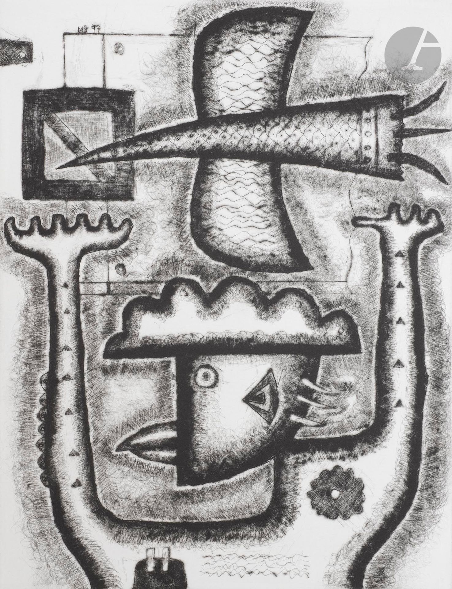 Manabu KOCHI (Japon-France, né en 1954)
Portrait de l'Oiseau-Qui-N'Existe-Pas 6, 1997
Pointe sèche.
Signée, datée et numérotée 29/80.
36 x 29 cm

Drypoint.
Signed, dated and numbered 29/80. 

Bibliographie :
Kochi, Works, Gallery Okinawa, Tokyo, 1997, p. 69.

Provenance :
Don de l'artiste.