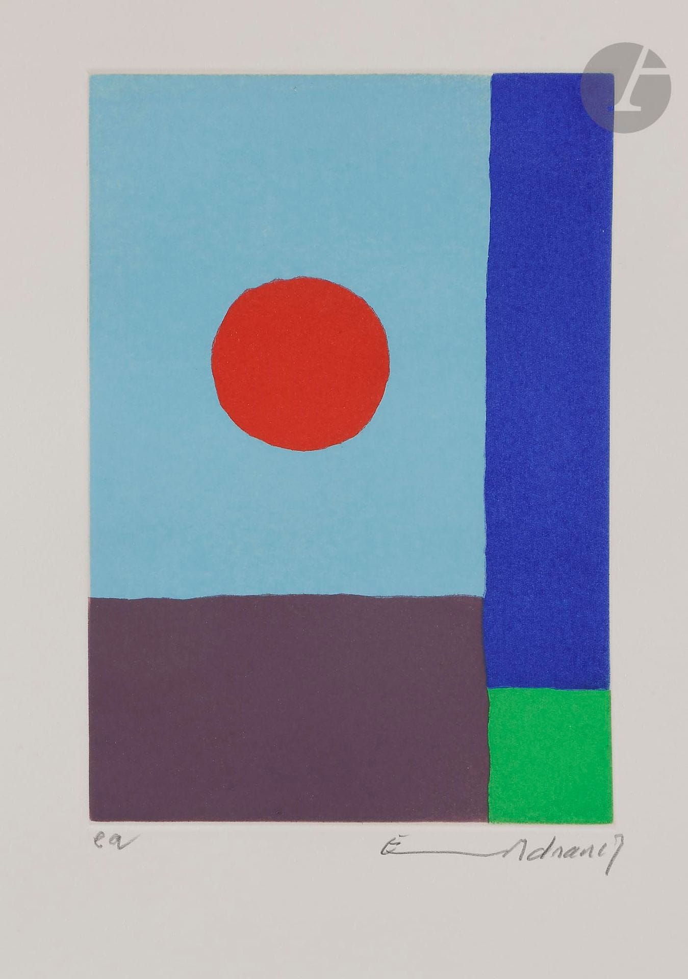 
Etel ADNAN (Liban - France, née en 1925)

Sans titre, 2017

Estampe.

Signée, datée et annotée EA.

24 x 16,5 cm



Print.

Signed, dated and annotated EA.



Provenance :

Don de l'artiste.
