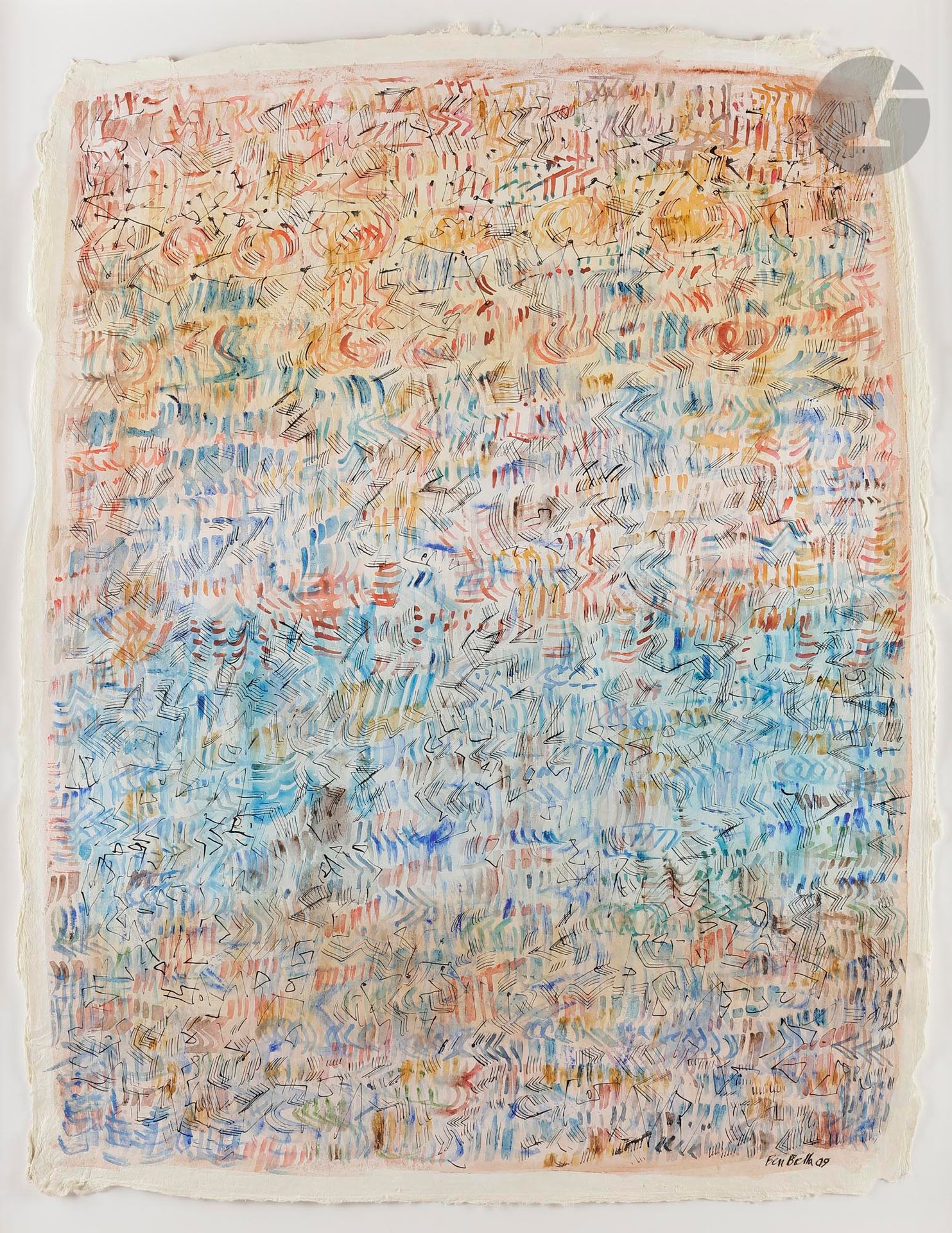 Mahjoub BEN BELLA (Algérie-France, 1946-2020)
Maya 1, 2009
Technique mixte sur papier oriental fait main.
Signée et datée en bas à droite.
88 x 68 cm

Mixed method on handmade oriental paper.
Signed and dated on the lower right.

Provenance :
Atelier de l'artiste.

Exposition :
Alain Jaubert (préface), Mahjoub Ben Bella : Les Belles Feuilles, Roubaix, La Piscine, 
24 octobre 2015 - 31 janvier 2016.