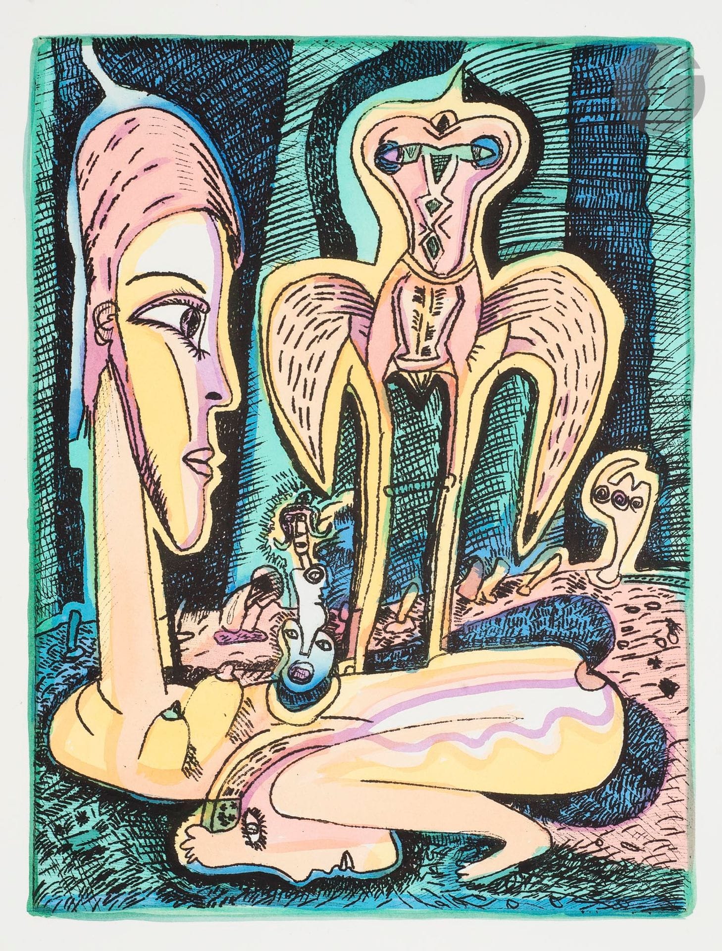 Mario MURUA (Chili-France, né en 1952)
Pájaro, 2005
Eau-forte et aquarelle.
Signée, datée, titrée et numérotée 6/40.
40 x 30 cm

Etching and watercolour.
Signed, dated, titled and numbered 6/40.

Provenance :
Don de Claude et France Lemand.