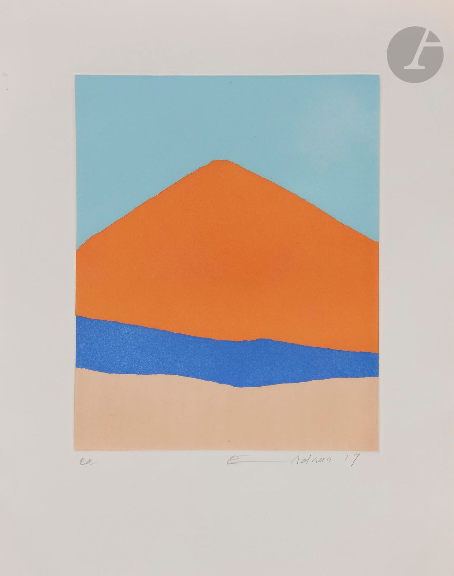 
Etel ADNAN (Liban - France, née en 1925)

Sans titre, 2017

Estampe.

Signée, datée et annotée EA.

30 x 25 cm



Print.

Signed, dated and annotated EA.



Provenance :

Don de l'artiste.
