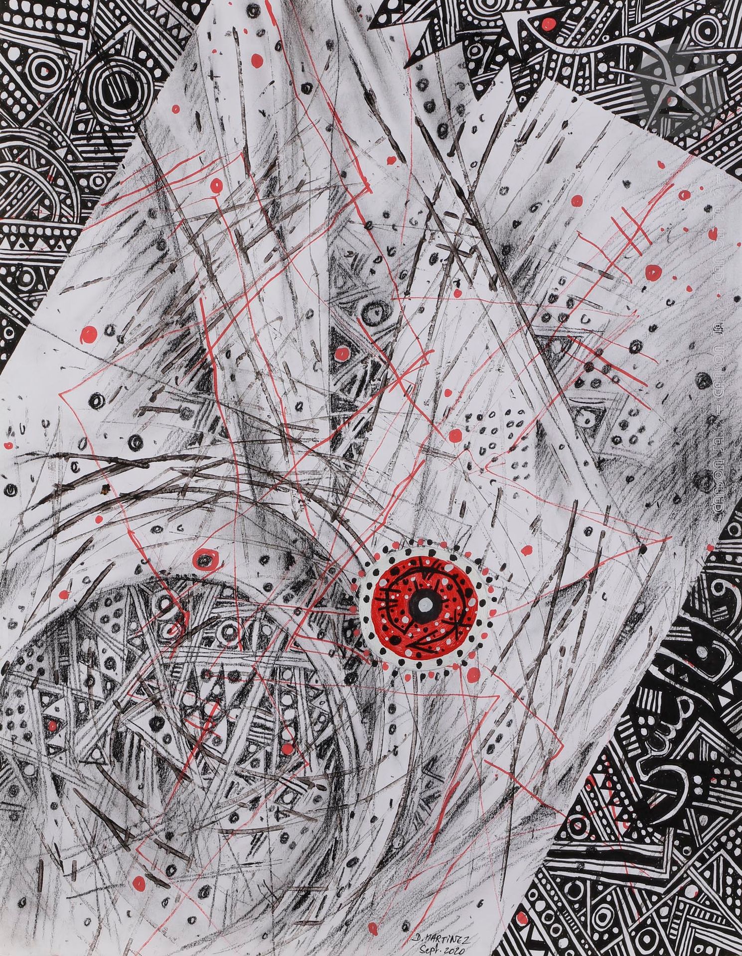 Denis MARTINEZ (Algérie-France, né en 1941)
Et moi je marche 1, 2020
Acrylique et crayon gras sur papier canson.
Signée et datée en pied.
Signée, datée et titrée au dos. 
65 x 50 cm

Acrylic and oil pencil on canson paper.
Bottom signed and dated.
Signed, dated and titled on the back.

Provenance :
Atelier de l'artiste.
