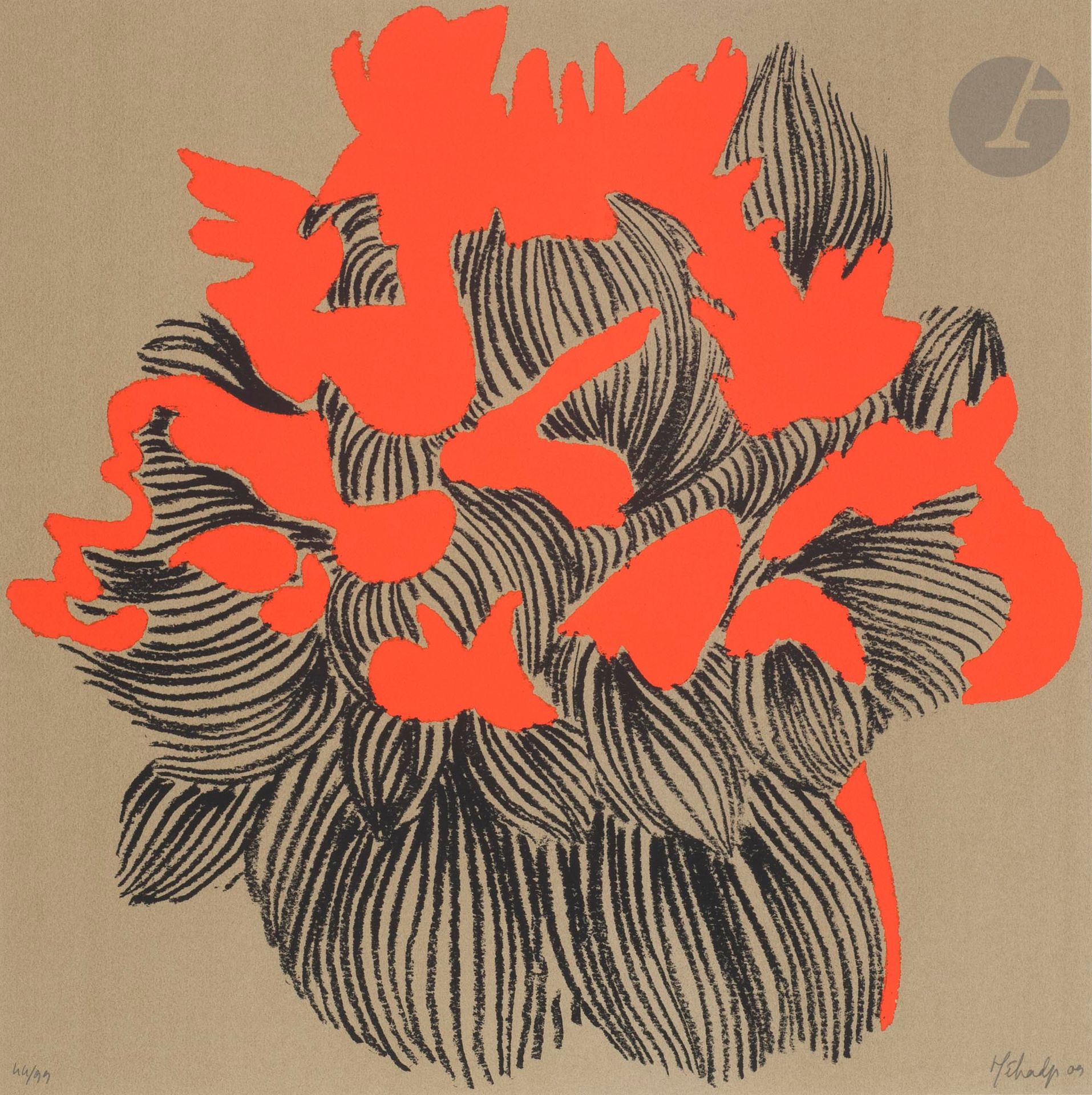 Najia MEHADJI (France-Maroc, née en 1950)
Pivoine, 2009
Lithographie.
Signée et numérotée 44/99.
52 x 52 cm

Lithograph.
Signed, and numbered 44/99.

Provenance :
Don de l'artiste.