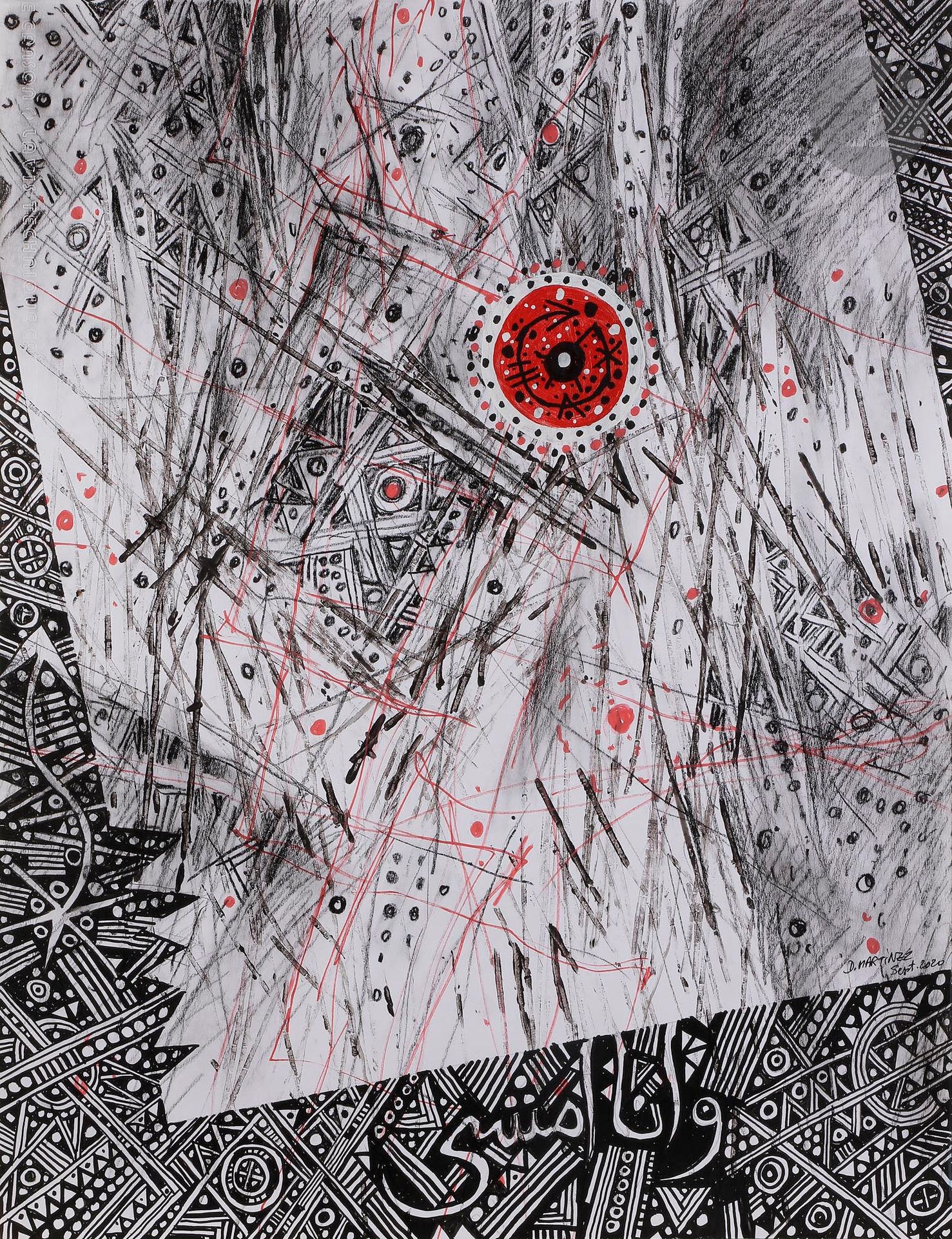 Denis MARTINEZ (Algérie-France, né en 1941)
Et moi je marche 4, 2020
Acrylique et crayon gras sur papier canson.
Signée et datée en pied.
Signée, datée et titrée au dos. 
65 x 50 cm

Acrylic and oil pencil on canson paper.
Bottom signed and dated.
Signed, dated and titled on the back.

Provenance :
Atelier de l'artiste.