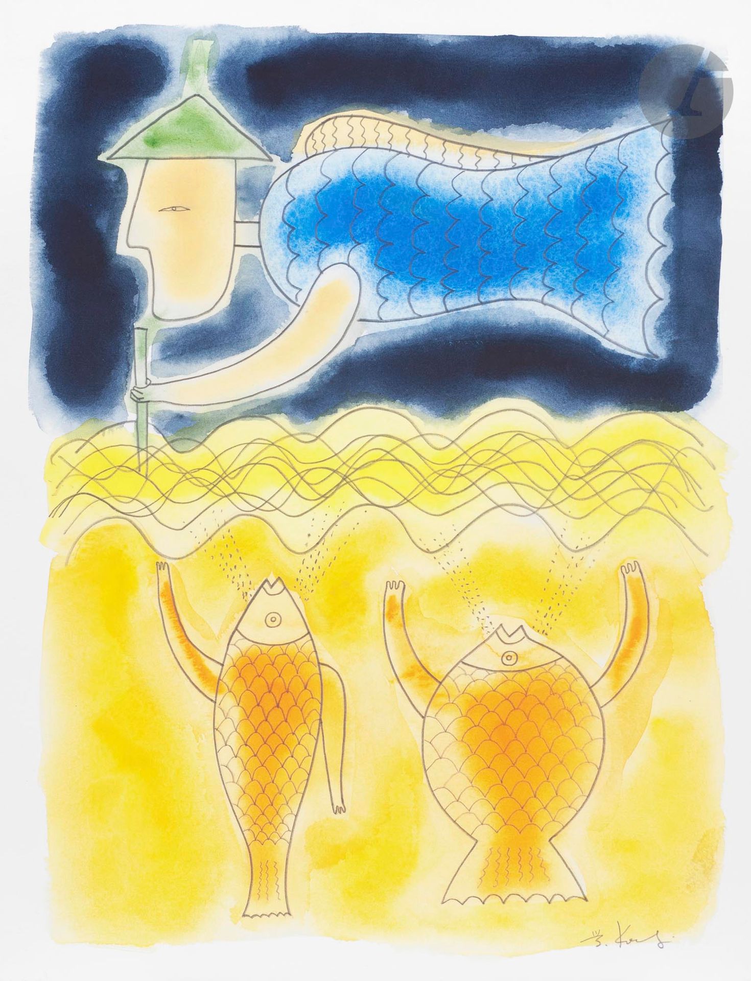 Manabu KOCHI (Japon-France, né en 1954)
Basho, Haiku 1. Le printemps s'en va. Pleurs des oiseaux et poissons. Les larmes aux yeux, 2012
Aquarelle sur papier Arches.
Signée et datée.
40 x 30 cm

Watercolour on Arches paper. 
Signed and dated.

Provenance :
Don de Claude et France Lemand.