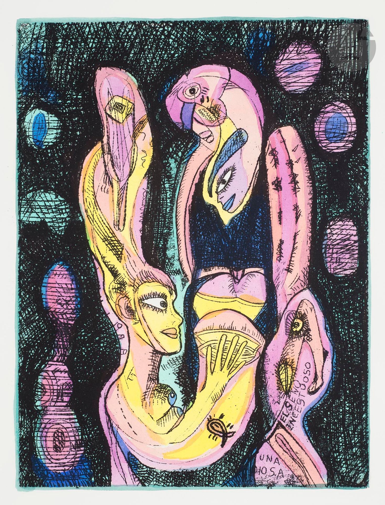 Mario MURUA (Chili - France, né en 1952)
Diosa, 2005
Eau-forte et aquarelle.
Signée, datée, titrée et numérotée 6/40.
40 x 30 cm

Etching and watercolour.
Signed, dated, titled and numbered 6/40.

Provenance :
Don de Claude et France Lemand.