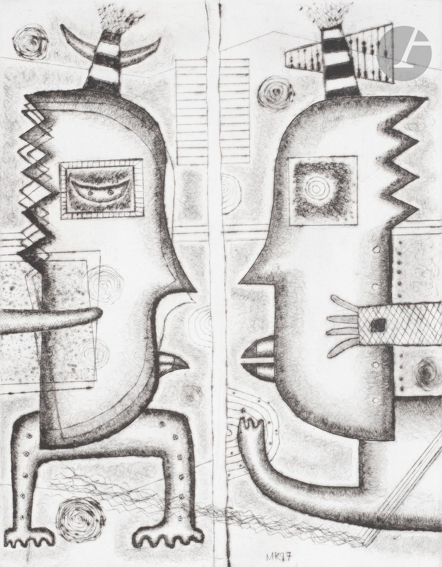 Manabu KOCHI (Japon-France, né en 1954)
Portrait de l'Oiseau-Qui-N'Existe-Pas 1, 1997
Pointe sèche.
Signée, datée et numérotée 29/80.
36 x 29 cm

Drypoint.
Signed, dated and numbered 29/80.

Bibliographie :
Kochi, Works, Gallery Okinawa, Tokyo, 1997, p. 66.

Provenance :
Don de l'artiste.