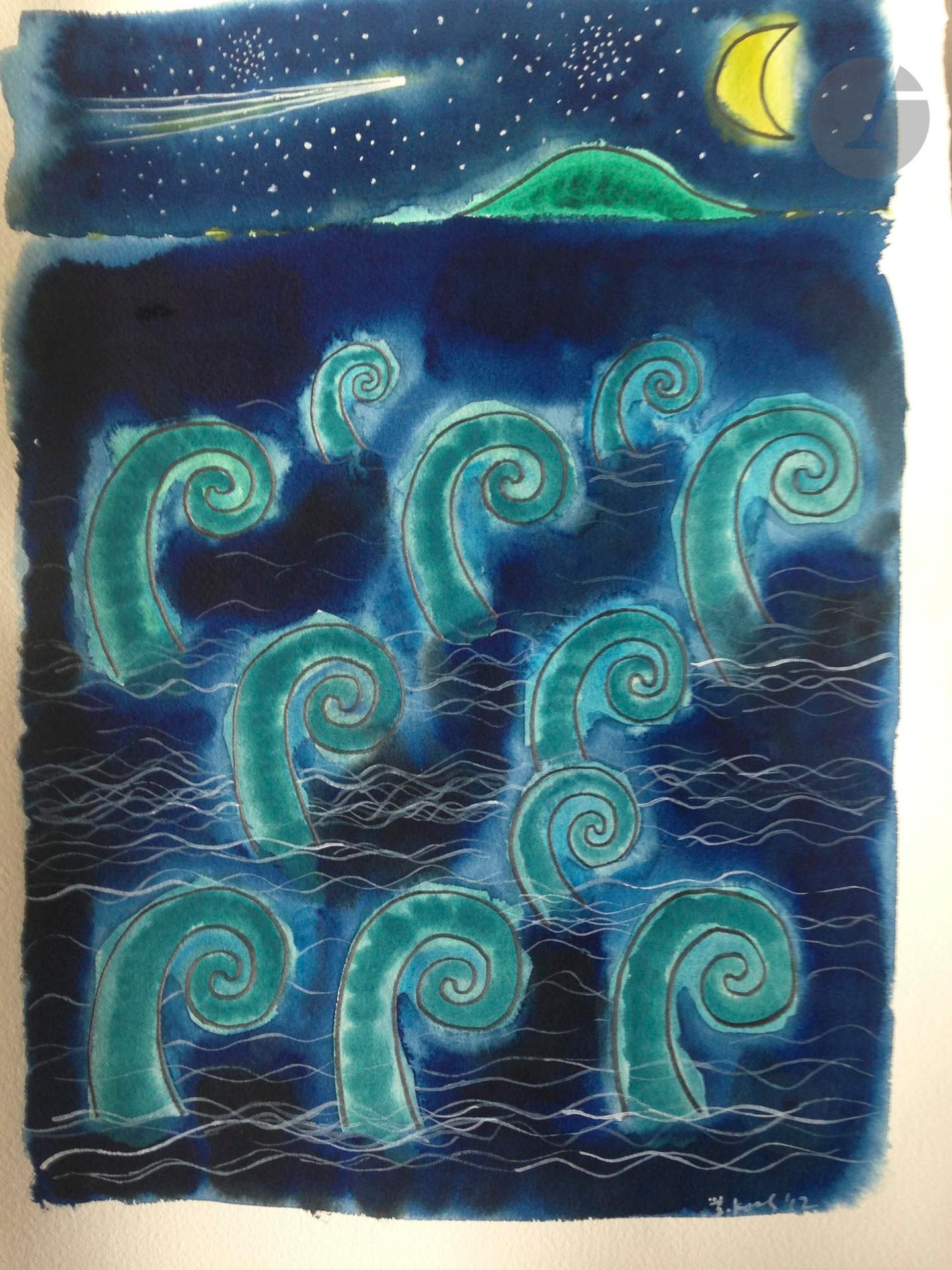 Manabu KOCHI (Japon-France, né en 1954)
Basho, Haiku 6. La mer déchaînée. S'étalant jusqu'à Sado. Le Fleuve Céleste, 2012
Aquarelle sur papier Arches.
Signée et datée.
38 x 28 cm

Watercolour on Arches paper.
Signed and dated. 

Provenance :
Don de Claude et France Lemand.