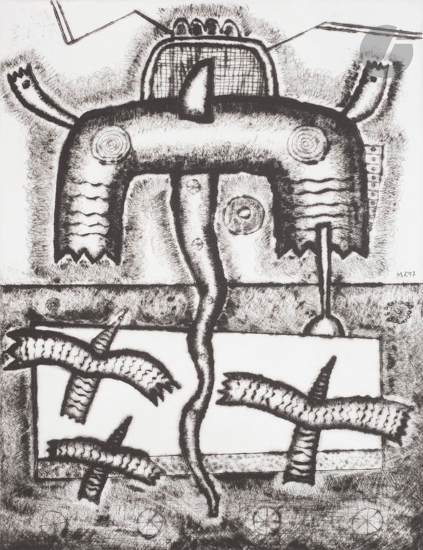 Manabu KOCHI (Japon-France, né en 1954)
Portrait de l'Oiseau-Qui-N'Existe-Pas 3, 1997
Pointe sèche.
Signée, datée et numérotée 29/80.
36 x 29 cm

Drypoint.
Signed, dated and numbered 29/80.

Bibliographie :
Kochi, Works, Gallery Okinawa, Tokyo, 1997, p. 67.

Provenance :
Don de l'artiste.