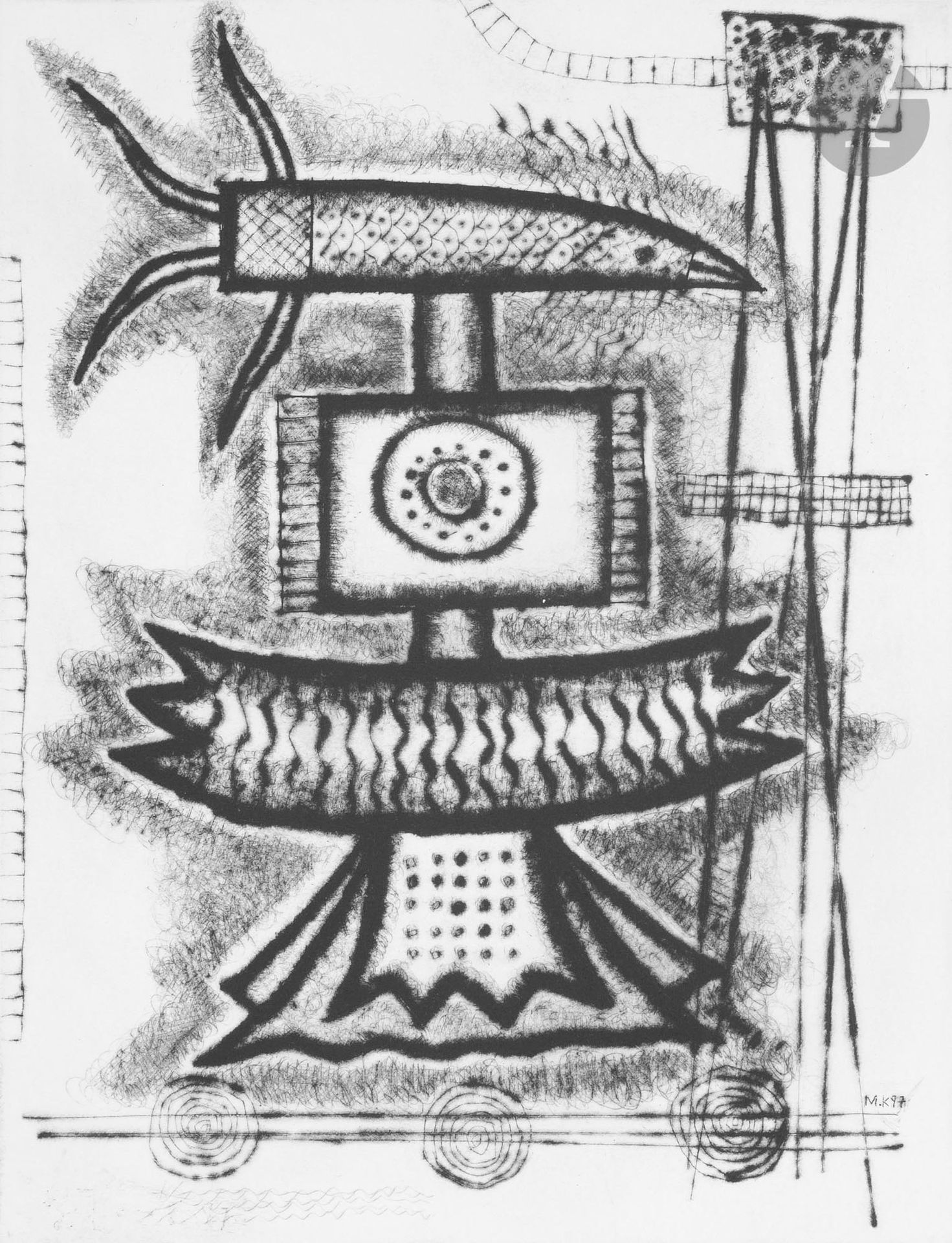 Manabu KOCHI (Japon-France, né en 1954)
Portrait de l'Oiseau-Qui-N'Existe-Pas 2, 1997
Pointe sèche.
Signée, datée et numérotée 29/80.
36 x 29 cm

Drypoint.
Signed, dated and numbered 29/80.

Bibliographie :
Kochi, Works, Gallery Okinawa, Tokyo, 1997, p. 67.

Provenance :
Don de l'artiste.
