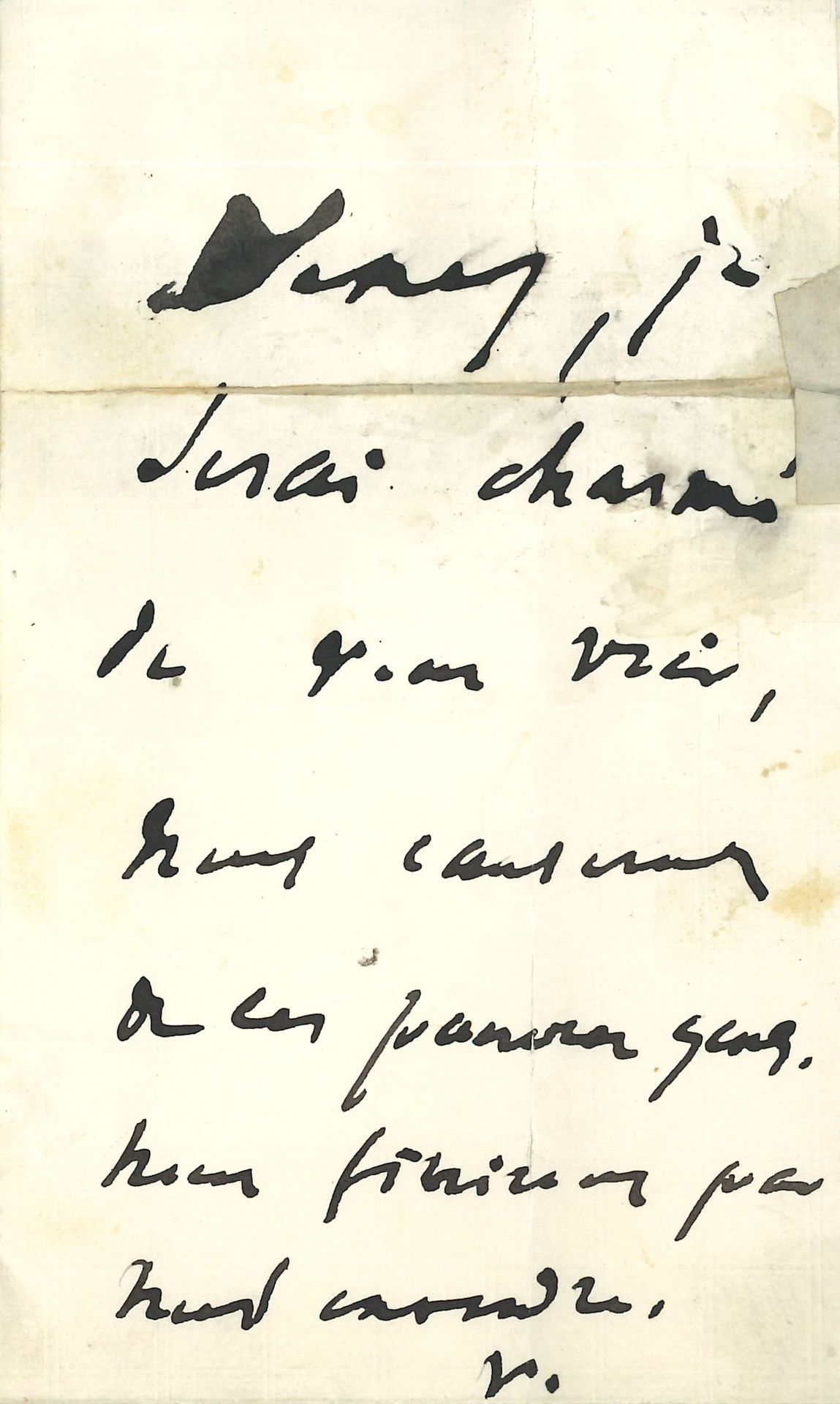 Victor HUGO. L.A.S. « V. », [février ou mars 1879], à Léonce Détroyat ; 1 page in-12 (fente renforcée au dos).
« Venez, je serai charmé de vous voir, nous causerons de ces pauvres gens. Nous finirons par nous entendre ».