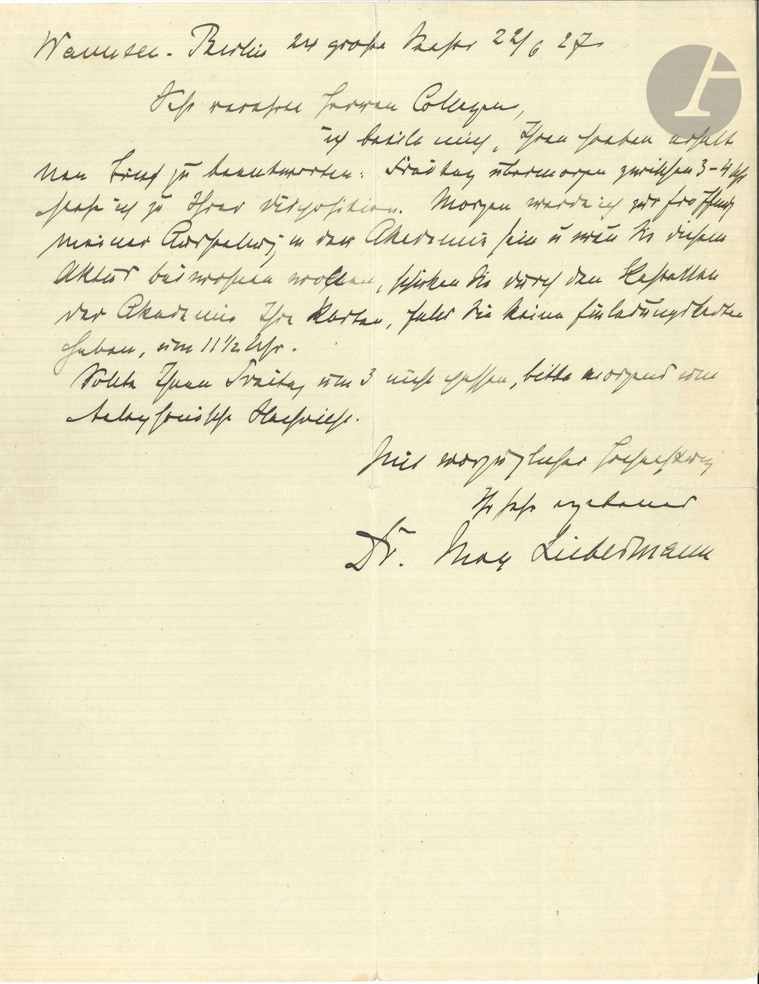 Max LIEBERMANN (1847-1935). L.A.S., Wannsee-Berlin 22 juin 1927, à un collègue ; demi-page in-4 (petites fentes réparées) ; en allemand.
Il se met à sa disposition le surlendemain vendredi. Ce lendemain, il est pris par l’ouverture de son exposition à l’Académie, et indique à son collègue comment faire pour y entrer, s’il n’a pas de cartes d’invitation. Si le vendredi ne convient pas, il prie de le prévenir par téléphone…