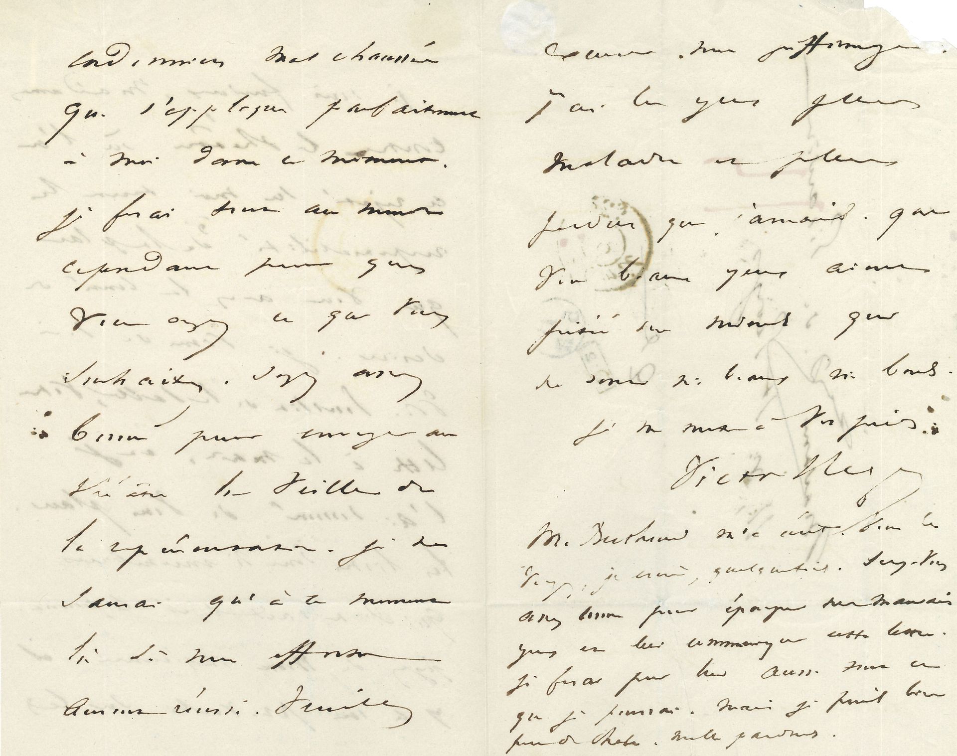 Victor HUGO. L.A.S., [8 avril 1835], à Delphine de Girardin ; 3 pages in-8, adresse.
Au sujet d’Angelo, tyran de Padoue (créé le 28 avril 1835 au Théâtre Français). « Je suis furieux, madame, contre le théâtre où l’on a rejeté sur moi toute la responsabilité de la place que vous avez la bonté de désirer. Je viens de voir M. Jouslin de La Salle, votre lettre à la main, et je l’ai sommé de vous placer. Les listes sont si encombrées qu’il ne sait s’il le pourra. Jugez de mon influence. Il y a un proverbe sur les cordonniers mal chaussés qui s’applique parfaitement à moi dans ce moment. Je ferai tout au monde cependant pour que vous ayez ce que vous souhaitez. Soyez assez bonne pour envoyer au théâtre la veille de la représentation. Je ne saurai qu’à ce moment-là si mes efforts auront réussi »…