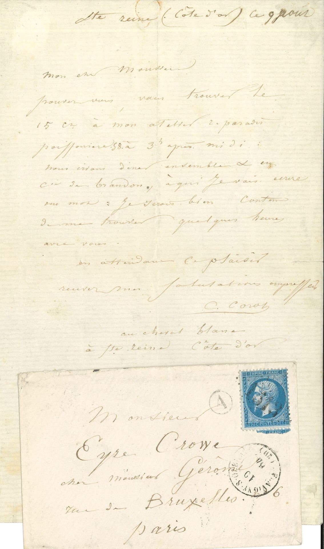 Camille COROT (1796-1875). L.A.S., Sainte-Reine (Côte d’or) [10 août 1864], au peintre anglais Eyre Crowe (1824-1910) ; ¾ page in-8, enveloppe.
Il l’attend le 15 à son atelier, « r. paradis poissonnière 58 à 3 h. après midi. Nous irons dîner ensemble & en cie de Brandon [son ancien élève Jacob Édouard Brandon (1831-1897)], à qui je vais écrire un mot. Je serais bien content de me trouver quelques heures avec vous »...