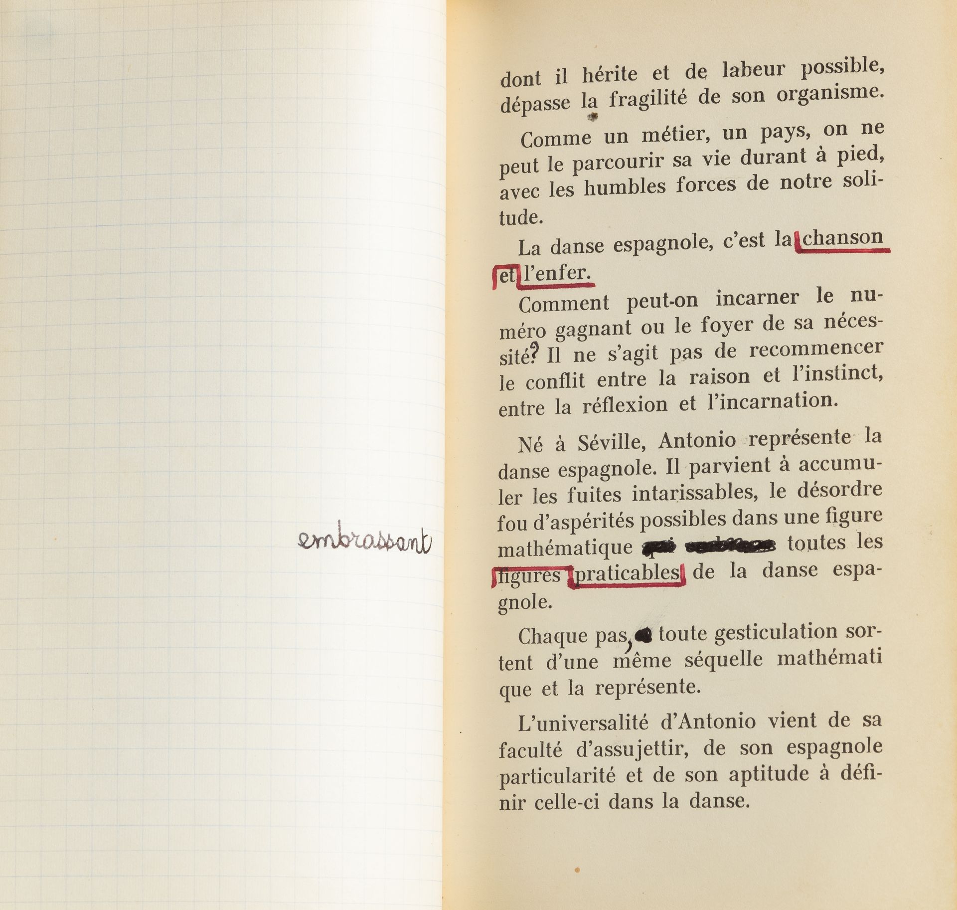 Gabriel POMERAND. Antonio hors de galaxie (Paris, Jacques Loyau, 1954) ; in-12, relié demi-chagrin noir à coins, tête dorée, couvertures conservées.
Édition originale imprimée sur les seules bonnes pages, et tirée à 100 exemplaires (celui-ci non numéroté)
Exemplaire de l’auteur interfolié de papier quadrillé avec corrections autographes, aux encres noire et rouge
Sur un f. de garde, signature de l’actrice et cinéaste Ode Bitton (1941-1992) qui a réalisé en 1966 [Letaillieur p. 98] le court-métrage Mise au point, montrant Pomerand préparant une pipe d’opium.