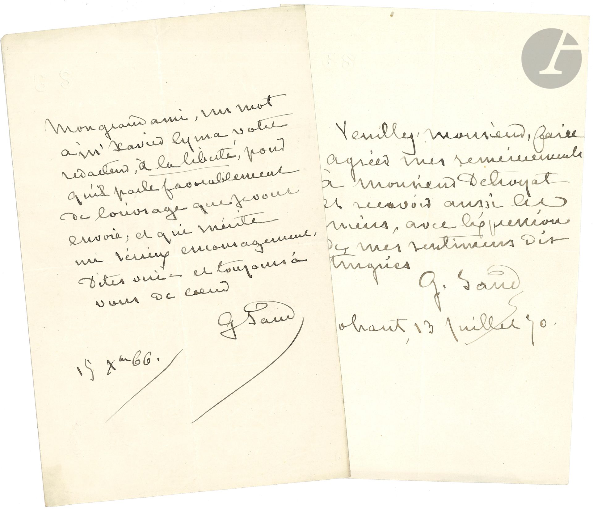 George SAND. 2 L.A.S., 1866-1870, à Émile de Girardin ;1 page in-8 chaque à son chiffre.
[Paris] 15 décembre 1866. « Mon grand ami, un mot à Mr Xavier Eyma votre rédacteur, à la Liberté, pour qu’il parle favorablement de l’ouvrage que je vous envoie, et qui mérite un sérieux encouragement » [livre de son fils Maurice Sand, Le Monde des papillons]… – Nohant 13 juillet 1870, le chargeant de faire agréer ses remerciements à Léonce Detroyat… On joint une l.a.s. d’Henri Malo avec la copie d’une lettre de Girardin à Sand.
Lettres retrouvées nos 271 et 382.