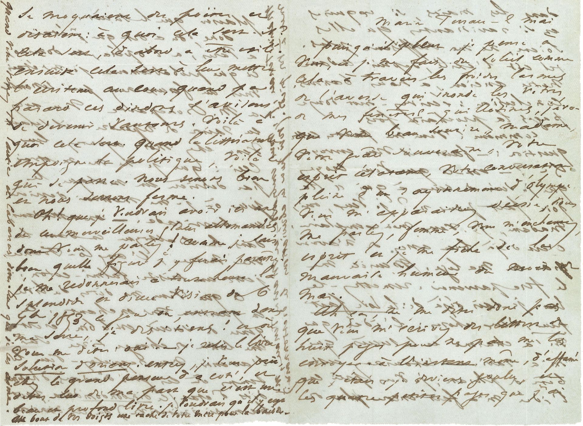 Victor HUGO. L.A., Marine Terrace [Jersey] 2 mai [1854], à Delphine de Girardin ; 4 pages petit in-8 remplies d’une écriture serrée.
Belle lettre sur ses Châtiments.
« Puisqu’il pleut, je pense à vous, et je me fais du soleil comme cela. À travers les froides larmes de l’averse qui inonde les vitres de mes fenêtres-guillotines, j’évoque votre beau sourire, madame, votre grâce souveraine, votre esprit éclatant, votre conversation pleine d’un rayonnement d’Olympe. Vous m’apparaissez déesse, vous me parlez, femme, vous m’enchantez, esprit, et je me fiche de la mauvaise humeur du mois de mai »… Il veut lire, faute d’avoir pu l’applaudir, La Joie fait peur ; (comédie de D. de Girardin créée aux Français le 25 février) ; Paul Meurice lui fera parvenir son exemplaire…
« Donc, on a dit que j’étais à Paris, à l’Opéra, en domino, et que probablement je m’étais mis au faux nez pour ressembler à M. Bonaparte. Vous avez eu raison de répondre : il serait venu chez moi. Ajoutez-leur ceci : que je ne me mettrai pas derrière un masque le jour où je me mettrai derrière une barricade. – En attendant, dans la Baltique et dans la mer Noire, l’Anglo-France jette un triste fulmi-coton » [allusion à la guerre de Crimée]…
Ce qu’elle lui dit du « livre en question » [Châtiments] l’enchante : « Ce genre de succès est le bon. C’est une lettre de change tirée sur l’avenir. Vous rappelez-vous le temps où ces gros dindons d’hommes dits d’État (ce dondondomdéta fait harmonie imitative) où ces dindons se moquaient des poëtes et disaient : à quoi cela sert-il ? Cela sert, d’abord à être exilé. Ensuite cela sert à leur mettre l’écriteau au cou, quand par hasard ces dindons s’avisent de devenir vautours. Voilà à quoi cela sert. Quand la littérature empoigne la politique, voilà ce qui se passe. Nous serrons bien et nous serrons ferme »…