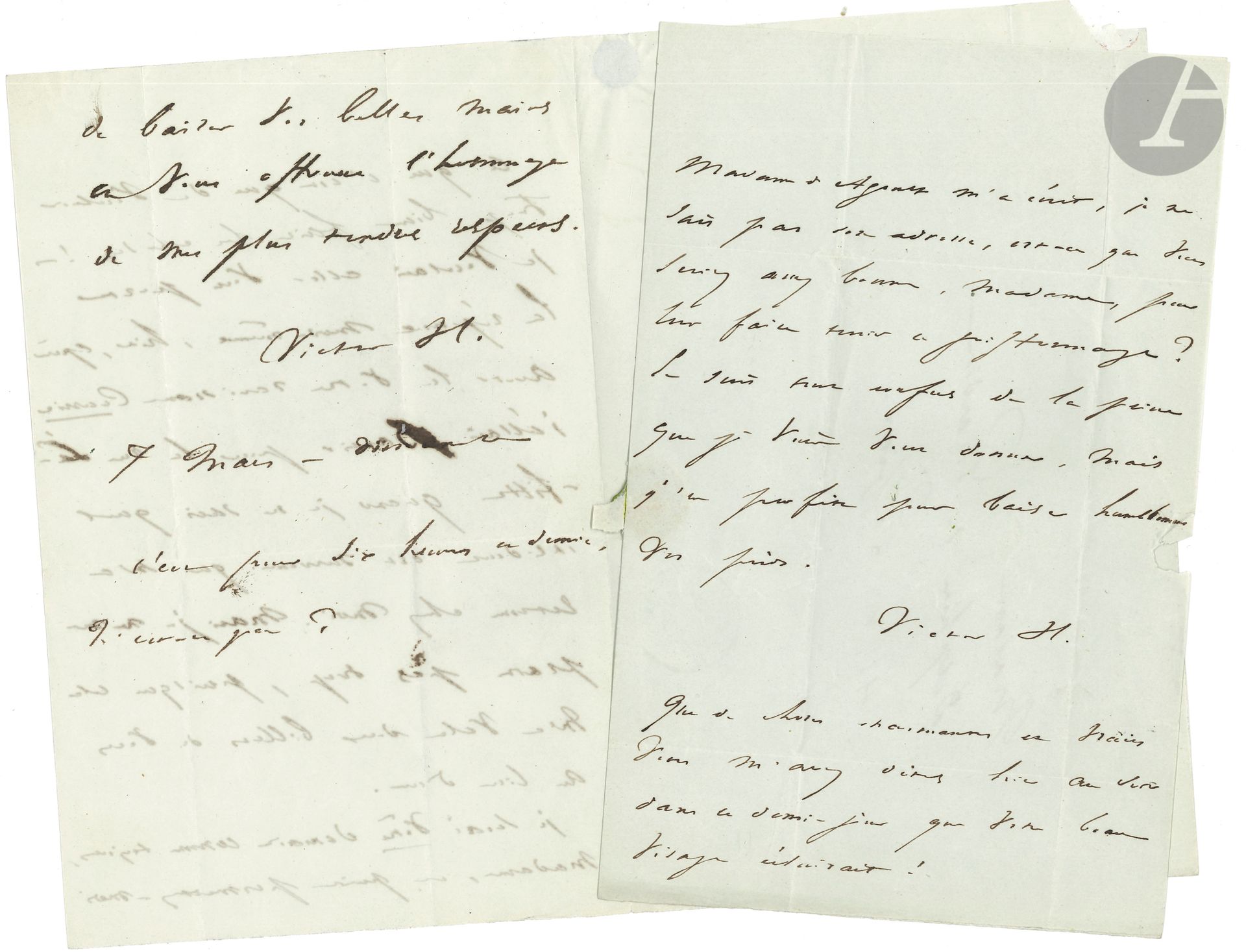 Victor HUGO. 2 L.A.S., mars 1841, à Delphine de Girardin ; 2 et 1 pages in-8, adresses.
7 mars. « Ce que c’est que de vouloir trop bien faire les choses ! – Je voulais aller vous porter la réponse moi-même, hier, après avoir lu votre ravissant Courrier, j’allais partir pour la rue Lafitte quand je ne sais quel incident est survenu qui m’a retenu chez moi. Mais je ne me plains pas trop, puisque cela m’a valu deux billets de vous au lieu d’un. Je serai vôtre demain comme toujours »…
[15 mars]. « Madame d’Agoult m’a écrit, je ne sais pas son adresse, est-ce que vous seriez assez bonne, madame, pour lui faire tenir ce griffonnage ? Je suis tout confus de la peine que je viens vous donner, mais j’en profite pour baiser humblement vos pieds ». Il ajoute : « Que de choses charmantes et vraies vous m’avez dites hier au soir dans ce demi-jour que votre beau visage éclairait ! »