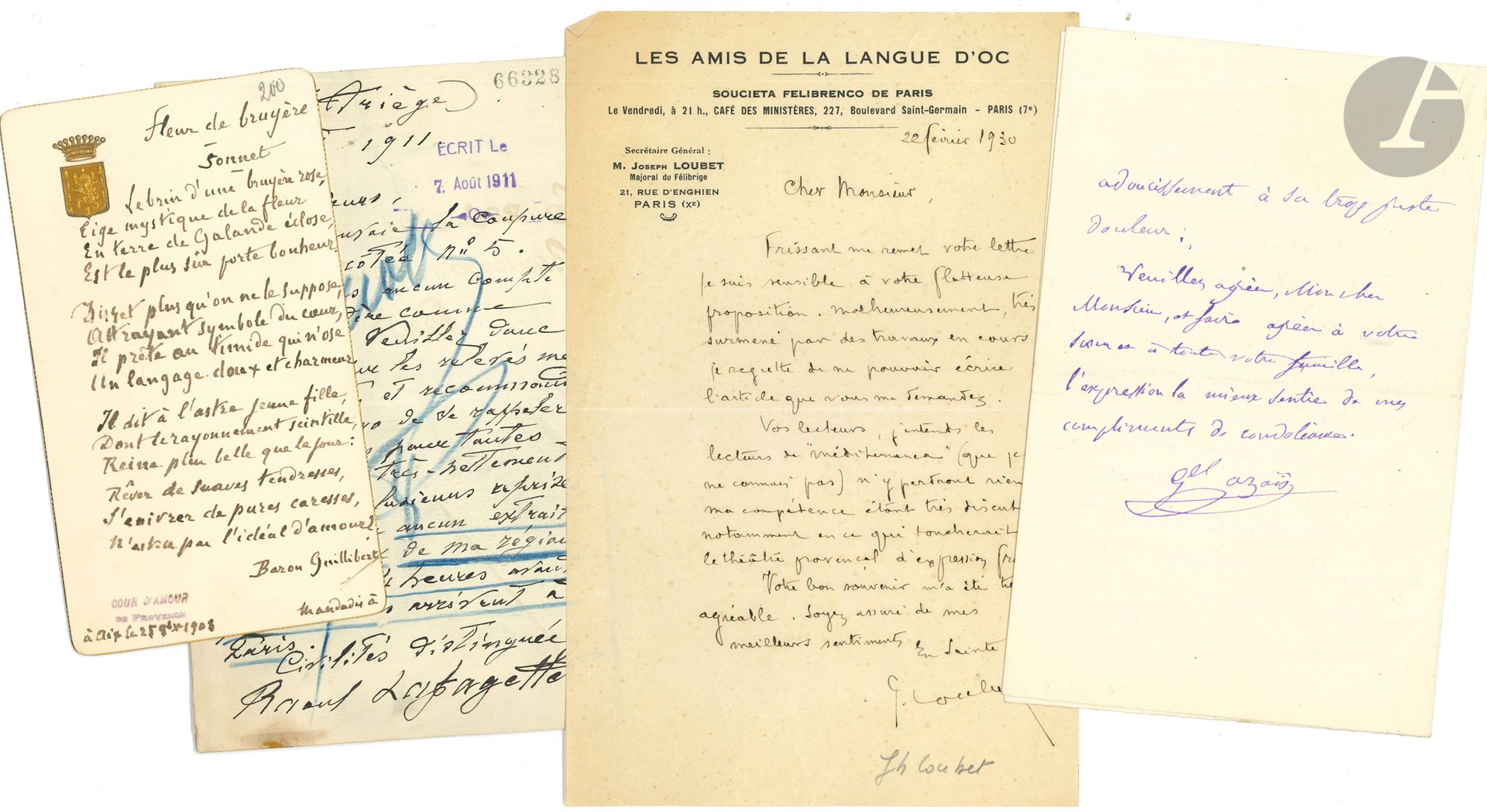 FÉLIBRIGE. 16 lettres ou pièces de félibres, la plupart L.A.S.
Gabriel Azaïs (2 à Melchior et Fernand Barthès), Melchior Barthès (plus une minute de lettre au botaniste Valette, et 2 lettres à lui adressées par des botanistes), Joseph Rozès dit J. R. de Brousse, Pierre Devoluy (2), Doria Auriol dite Lilian Doire (2), Hippolyte baron Guillibert (poème), Raoul Lafagette, Joseph Loubet, Justin Pépratx dit Pau Farriol de Céret, Joseph Roumanille, Eugène Thomières (en occitan, au majoral de la Salle de Rochemaure), Charles de Tourtoulon. On joint une circulaire envoyée par Roque-Ferrier, président du Félibrige Latin (1894).