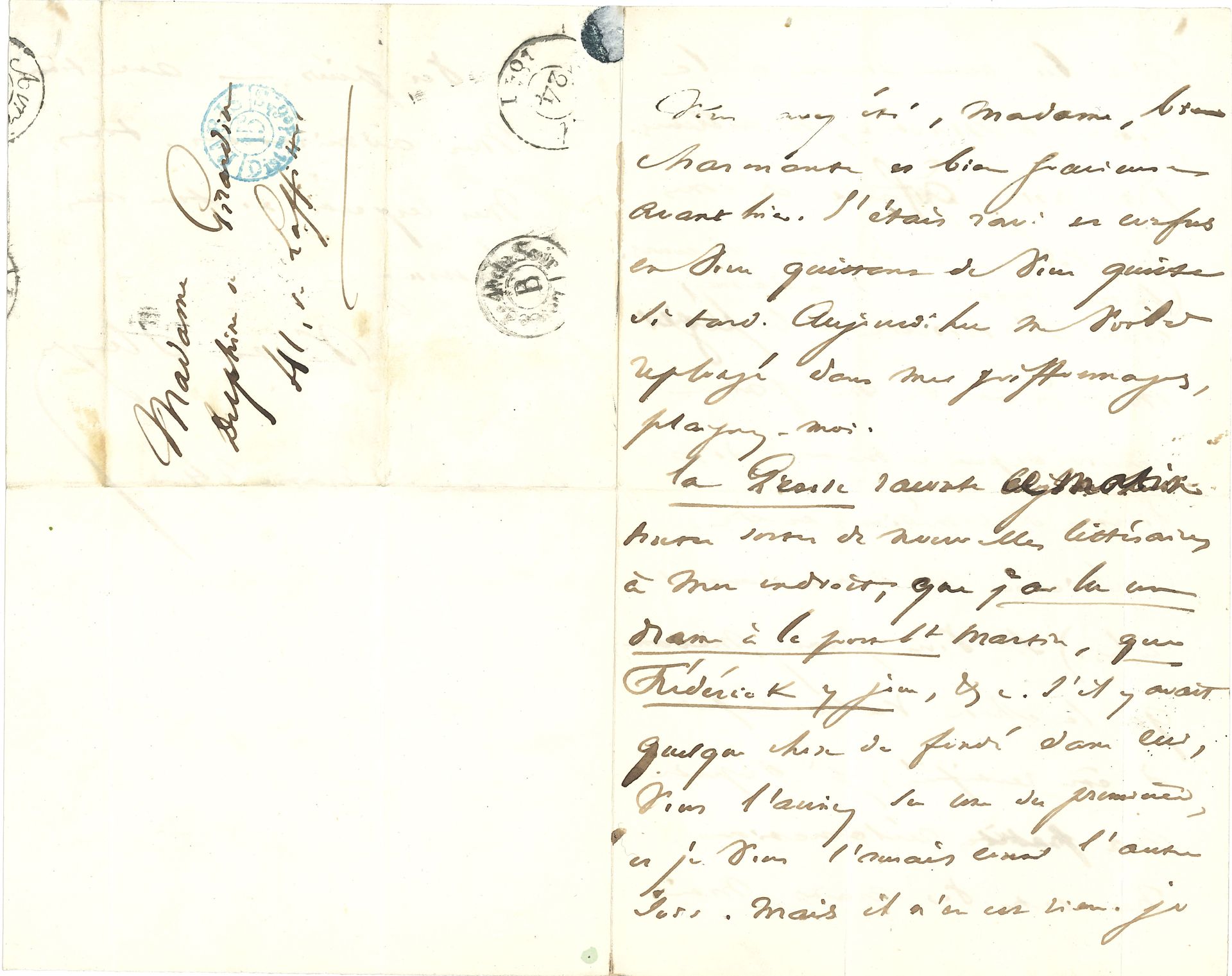 Victor HUGO. L.A.S., samedi matin 24 [avril 1841], à Delphine de Girardin ; 2 pages et demie in-8, adresse.
« La Presse raconte ce matin toutes sortes de nouvelles littéraires à mon endroit, que j’ai lu un drame à la Porte St Martin, que Frédérick y joue, &c. S’il y avait quelque chose de fondé dans ceci, vous l’auriez su une des premières, et je vous l’aurais conté l’autre soir. Mais il n’en est rien. Je n’ai lu aucun drame à la Porte St Martin, ni ailleurs. J’ai assez à faire de mes deux volumes et de mon discours [Le Rhin et son discours de réception à l’Académie française]. (Entre nous, madame, cette historiette a le léger inconvénient de me faire recevoir depuis ce matin dix visites de comédiens et de comédiennes me demandant des rôles.) Si vous pensez, madame, que la chose vaille la peine d’être rectifiée, je dépose ma petite réclamation, non entre vos mains, mais à vos pieds »…