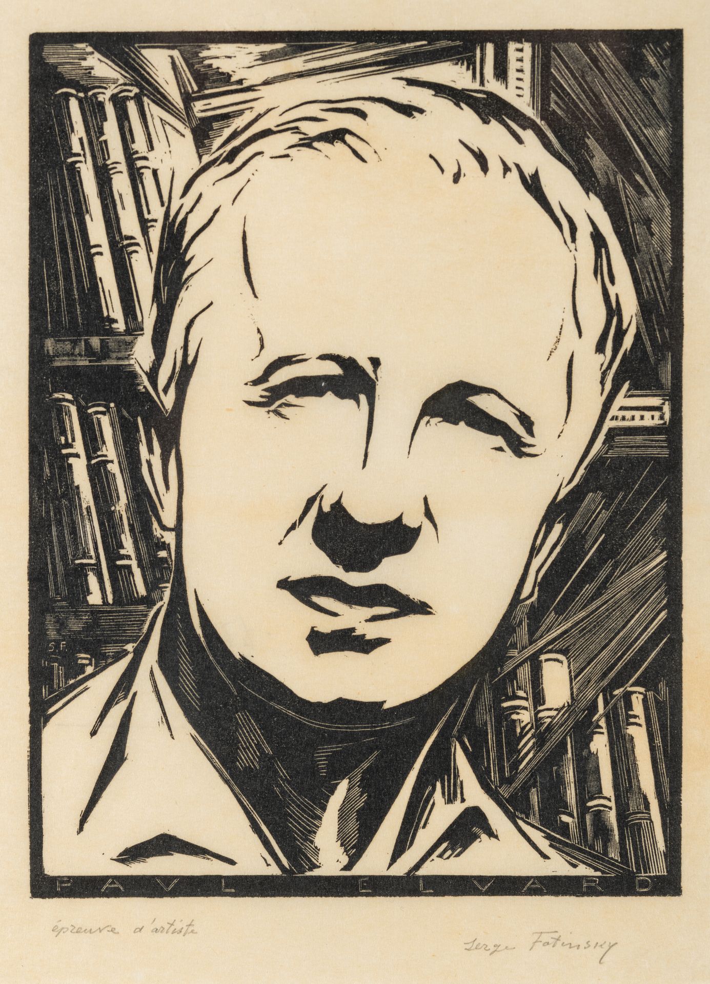 [Paul ELUARD]. Serge FOTINSKY (1883-1971). Paul Eluard, bois gravé sur papier ; 24 x 18 cm, marges à vue 27,5 x 20,5 cm (encadré).
Beau portrait du poète, justifié et signé dans la marge inférieure au crayon : « épreuve d’artiste Serge Fotinsky ».